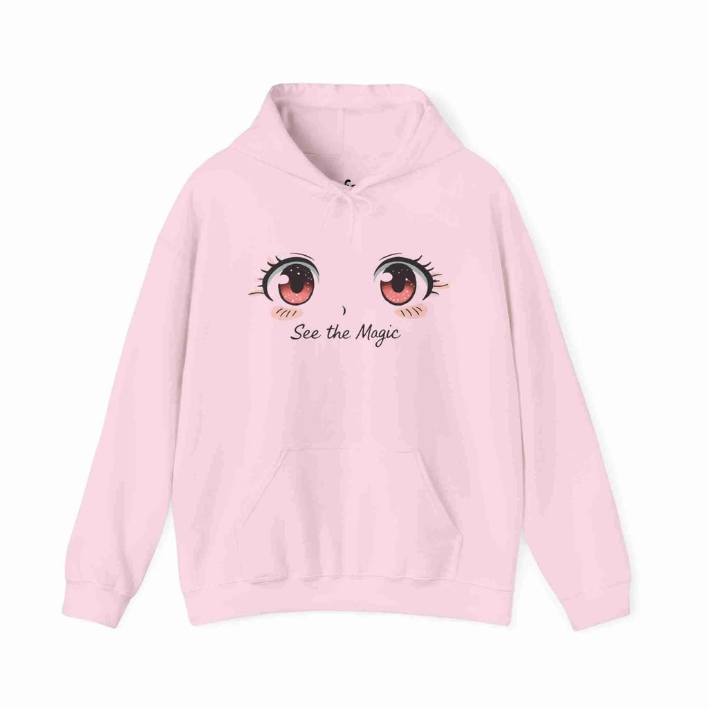 Light Pink hoodie with cartoon eyes and 'See the Magic' text on a white background