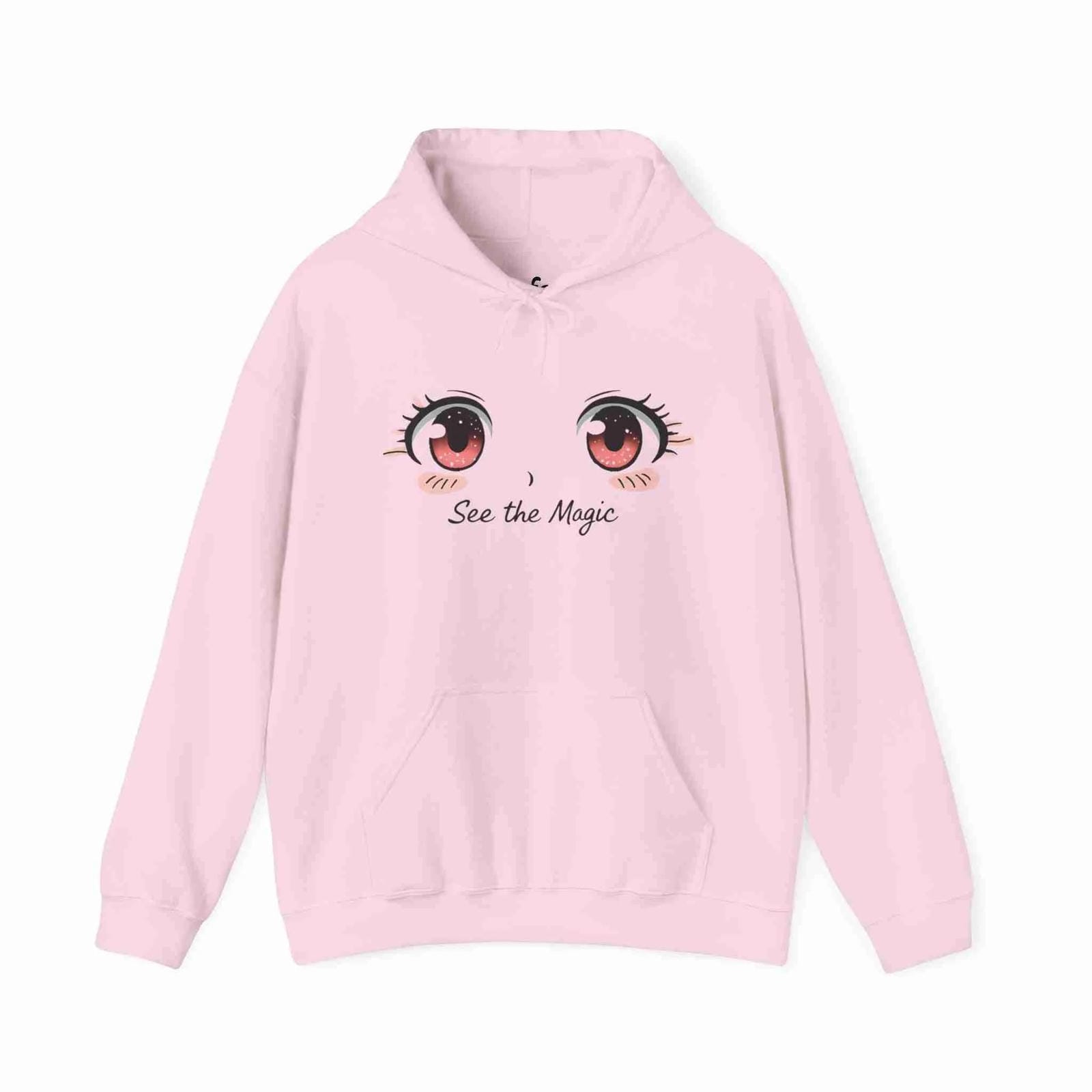 Light Pink hoodie with cartoon eyes and 'See the Magic' text on a white background