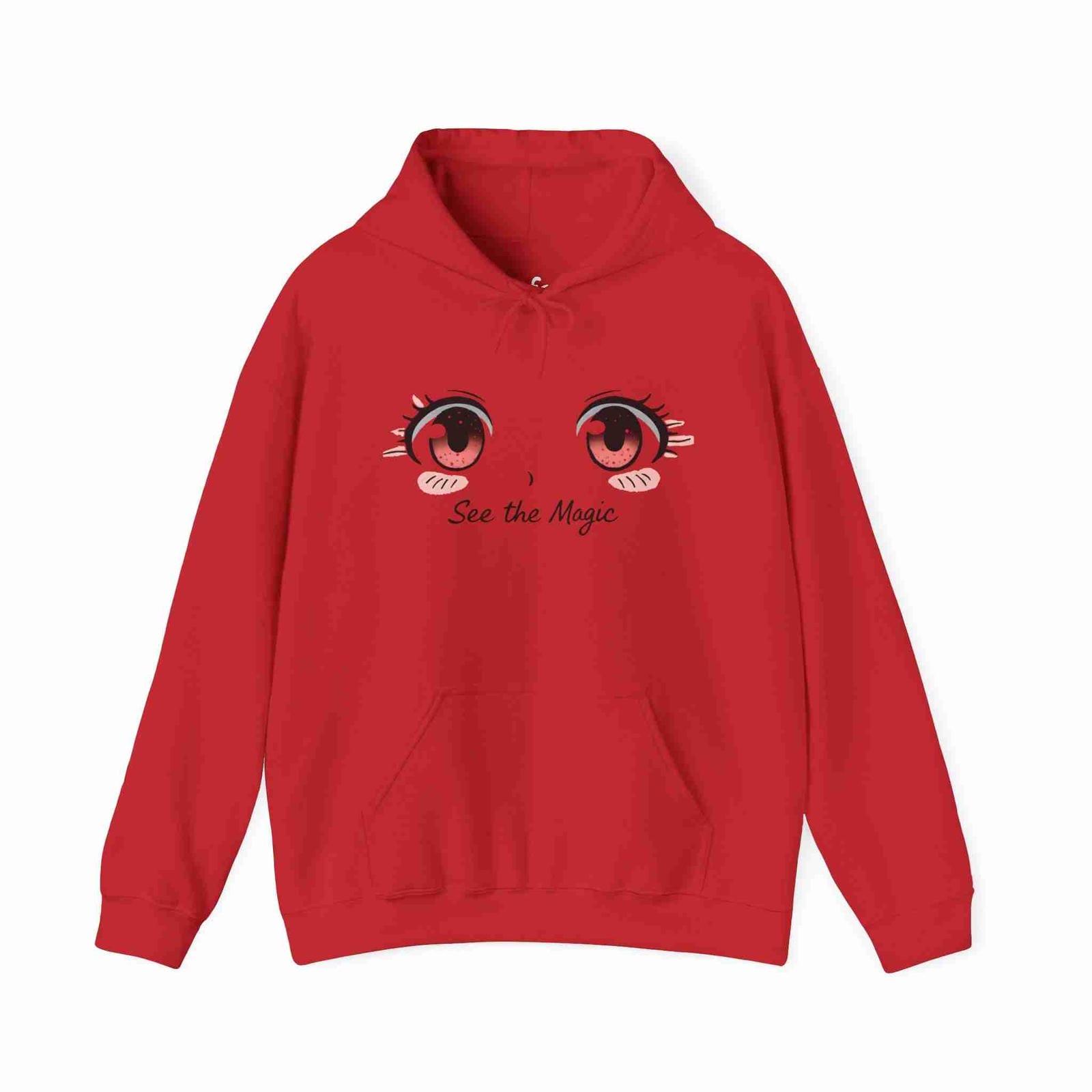 Red hoodie with cartoon eyes and 'See the Magic' text on a white background