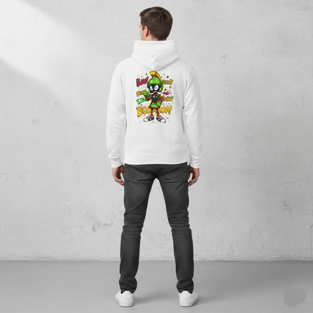 Person wearing a Arctic white hoodie with a colorful graphic on the back against a gray background