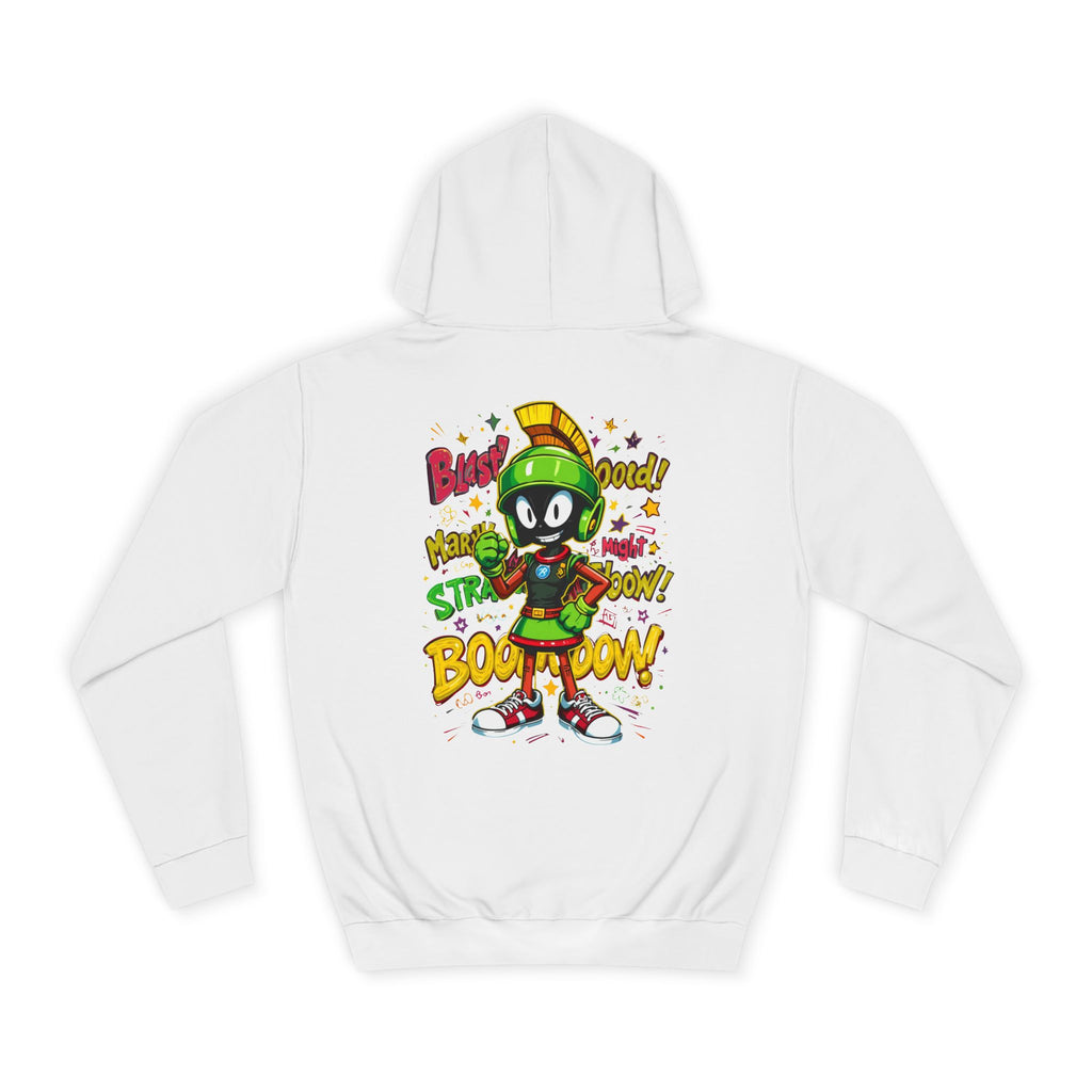 Arctic White hoodie with cartoon character and text on a white background