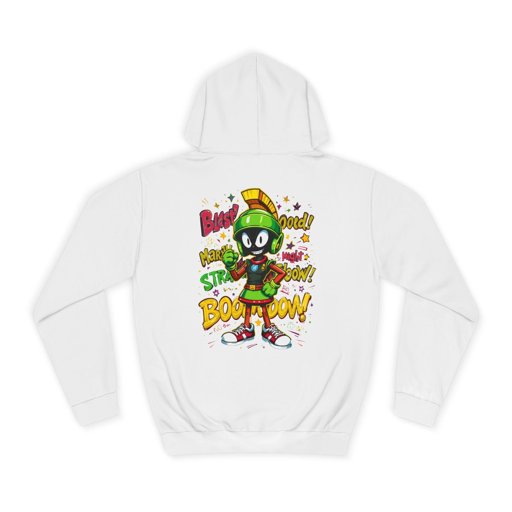 Arctic White hoodie with cartoon character and text on a white background