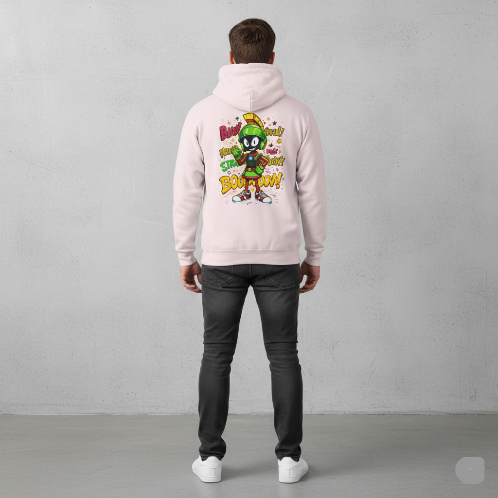 Person wearing a Baby pink hoodie with a colorful graphic on the back against a gray background