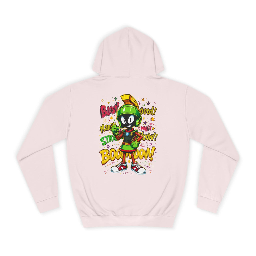Baby Pink hoodie with cartoon character and text on a white background