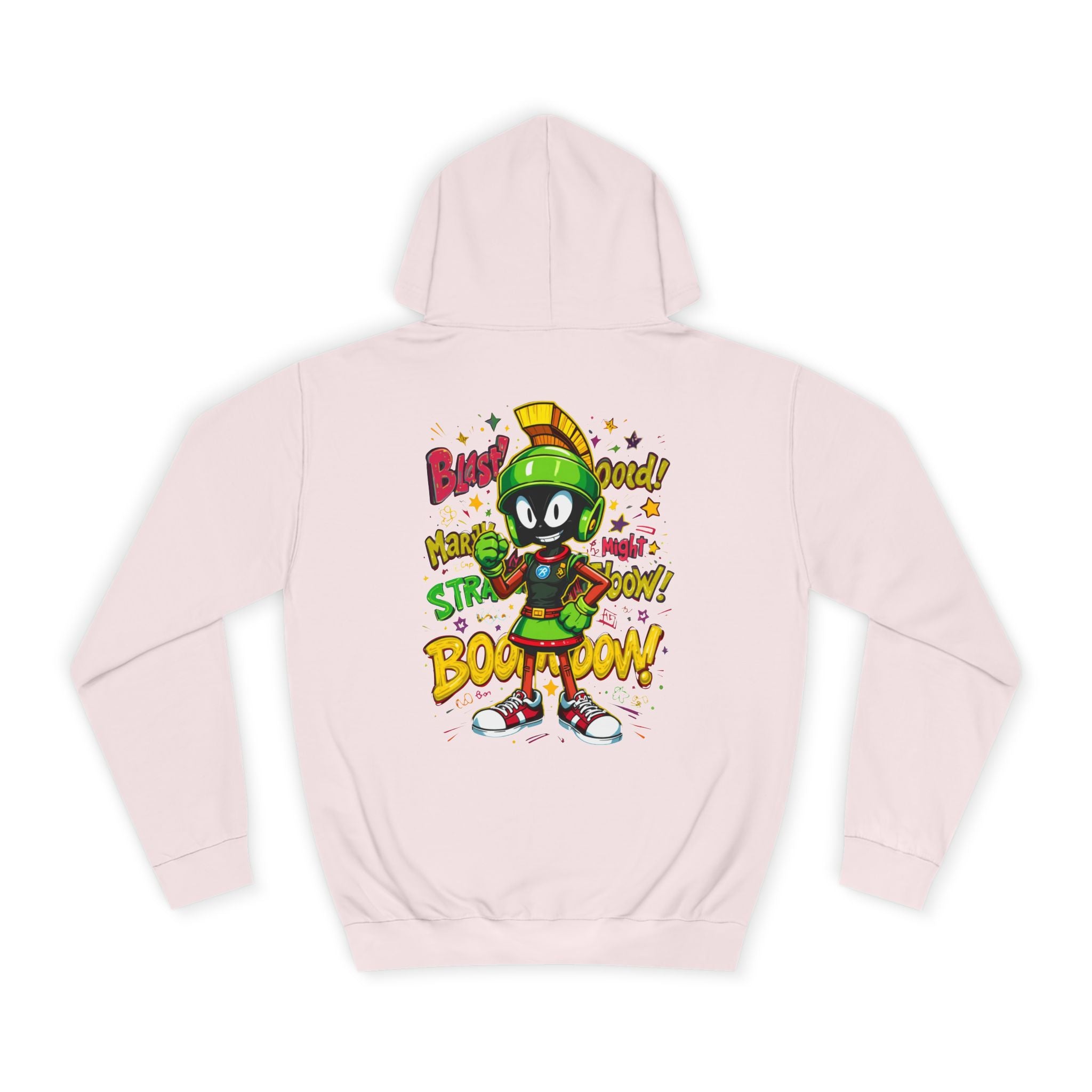 Baby Pink hoodie with cartoon character and text on a white background