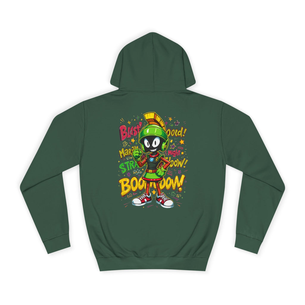 Bottle Green hoodie with cartoon character and text on the back