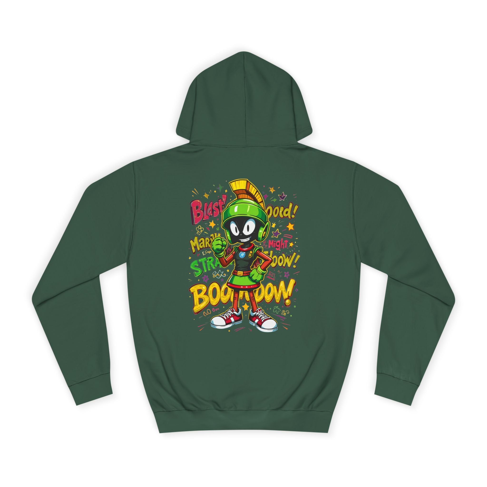 Bottle Green hoodie with cartoon character and text on the back