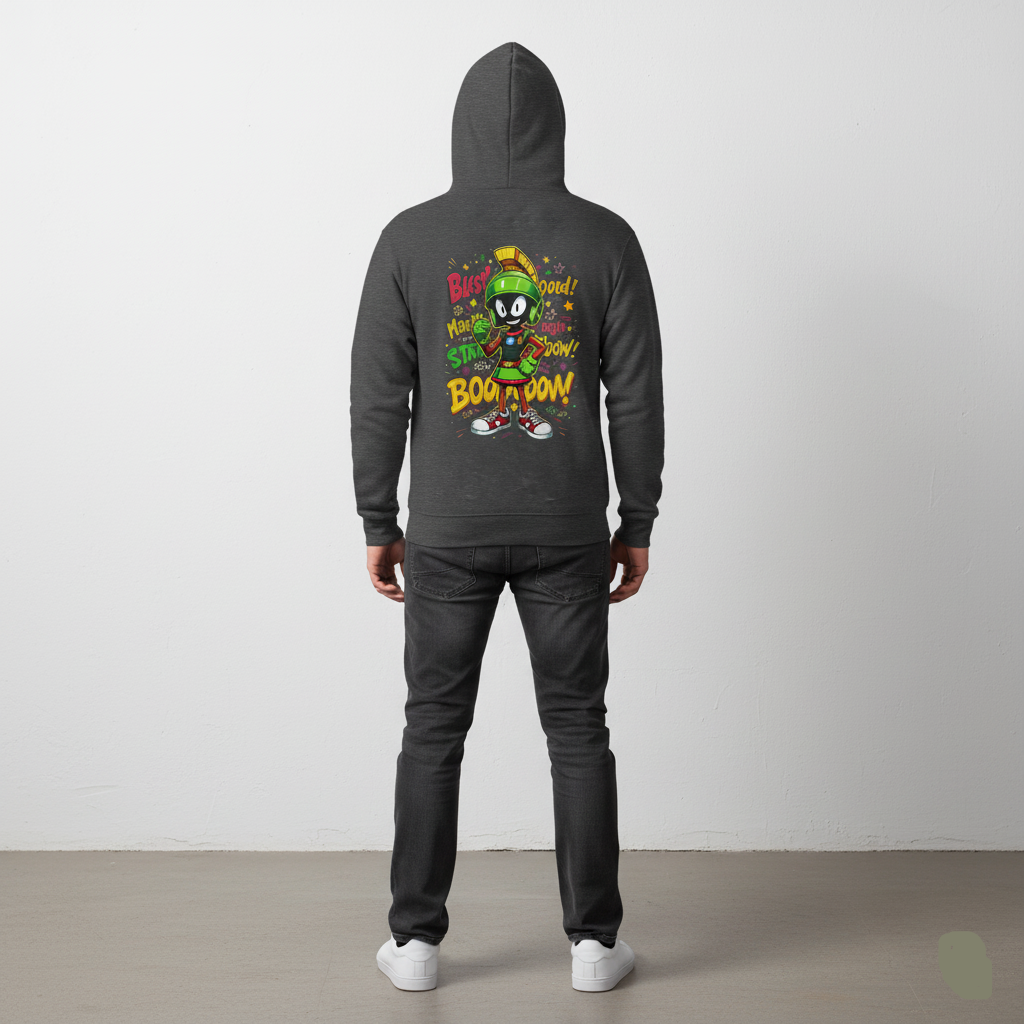 Person wearing a Charcoal hoodie with colorful graphics on the back against a white background