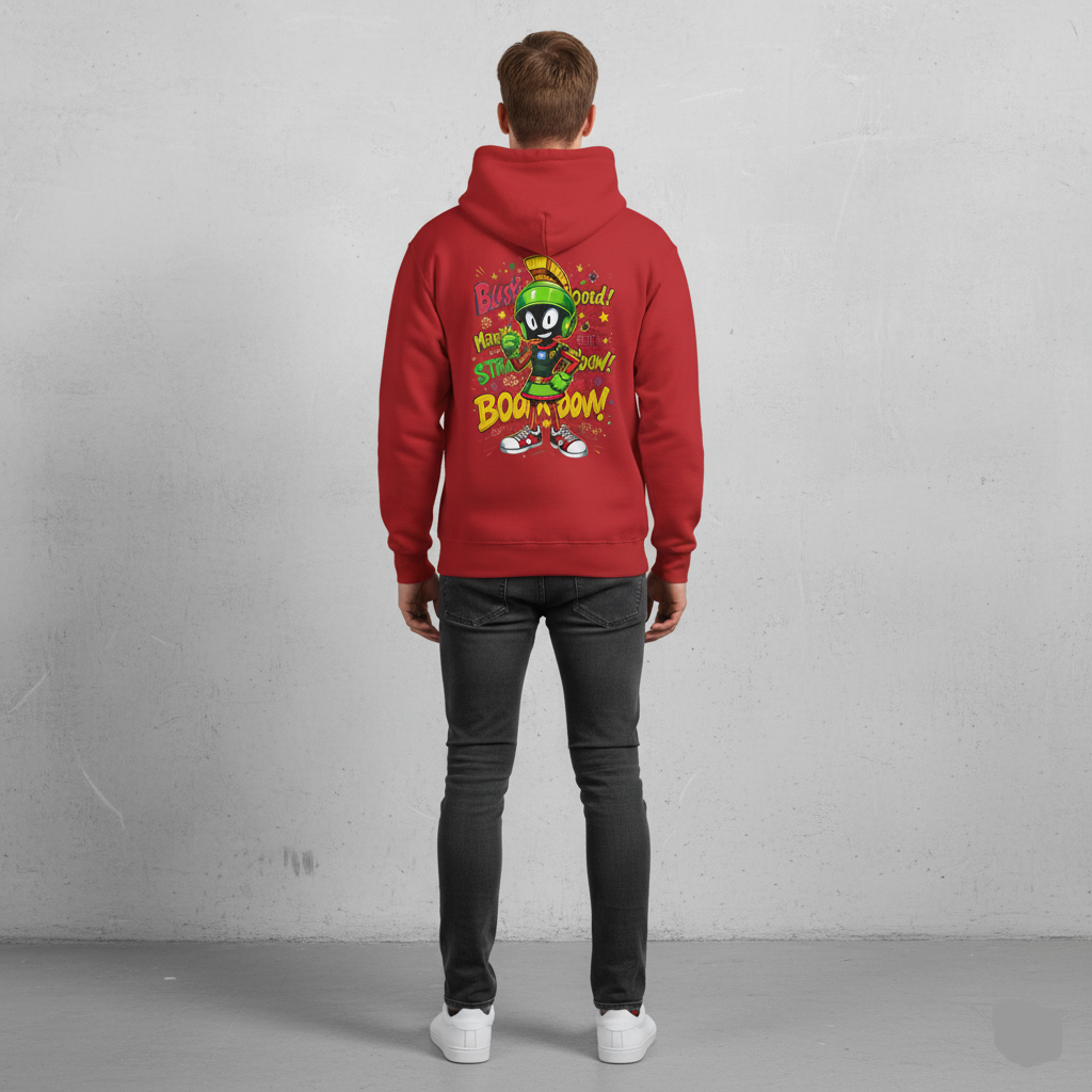Person wearing a Fire red hoodie with a colorful graphic on the back against a plain background