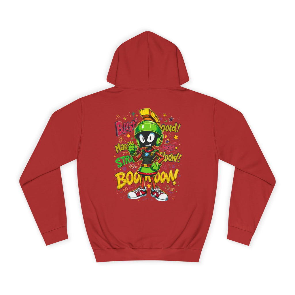 Fire Red hoodie with cartoon character design on the back against a white background