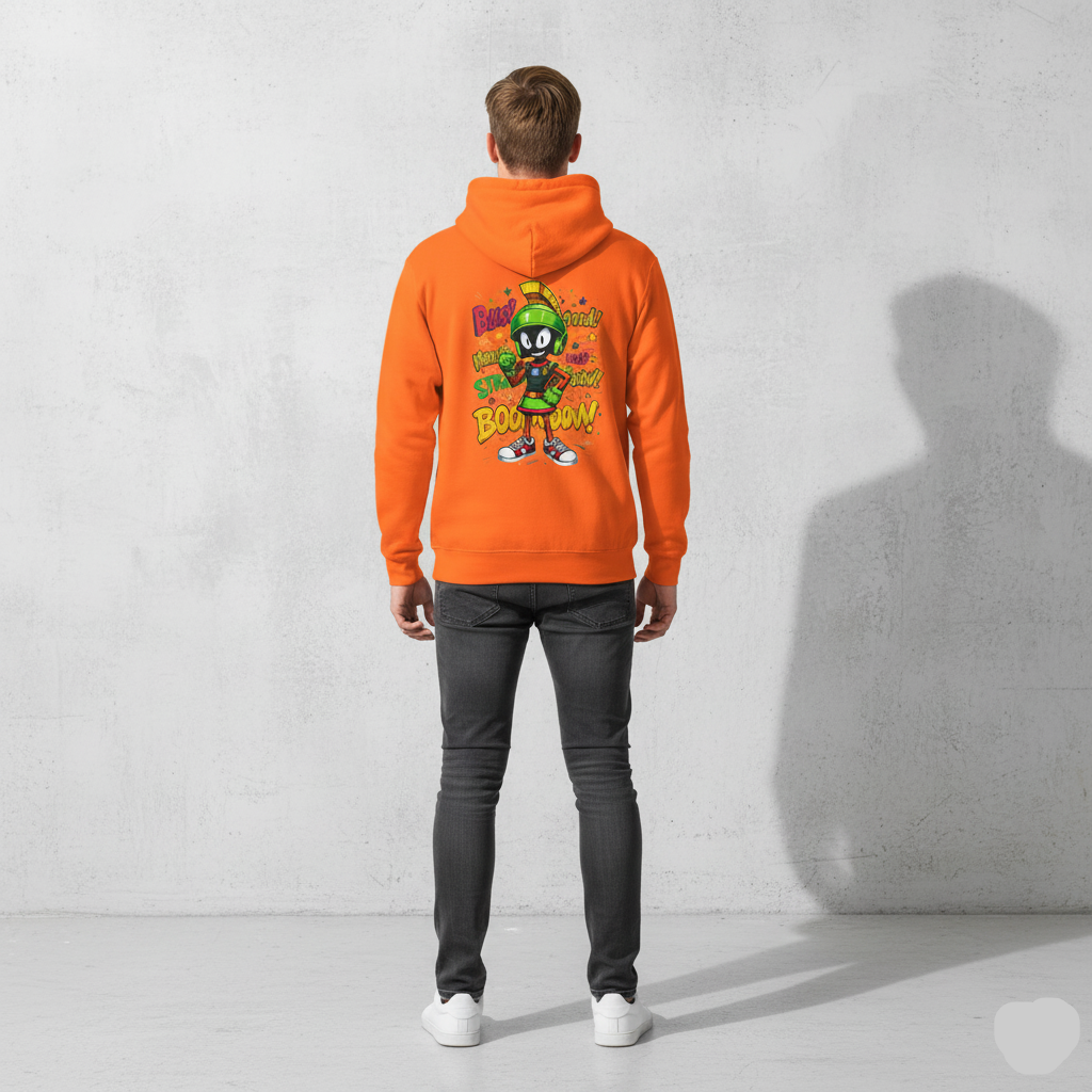 Person wearing an orange crush hoodie with a character design on the back, standing against a plain background.