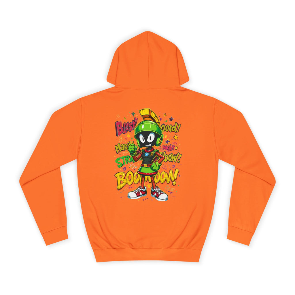 Orange crush hoodie with cartoon character design on a white background