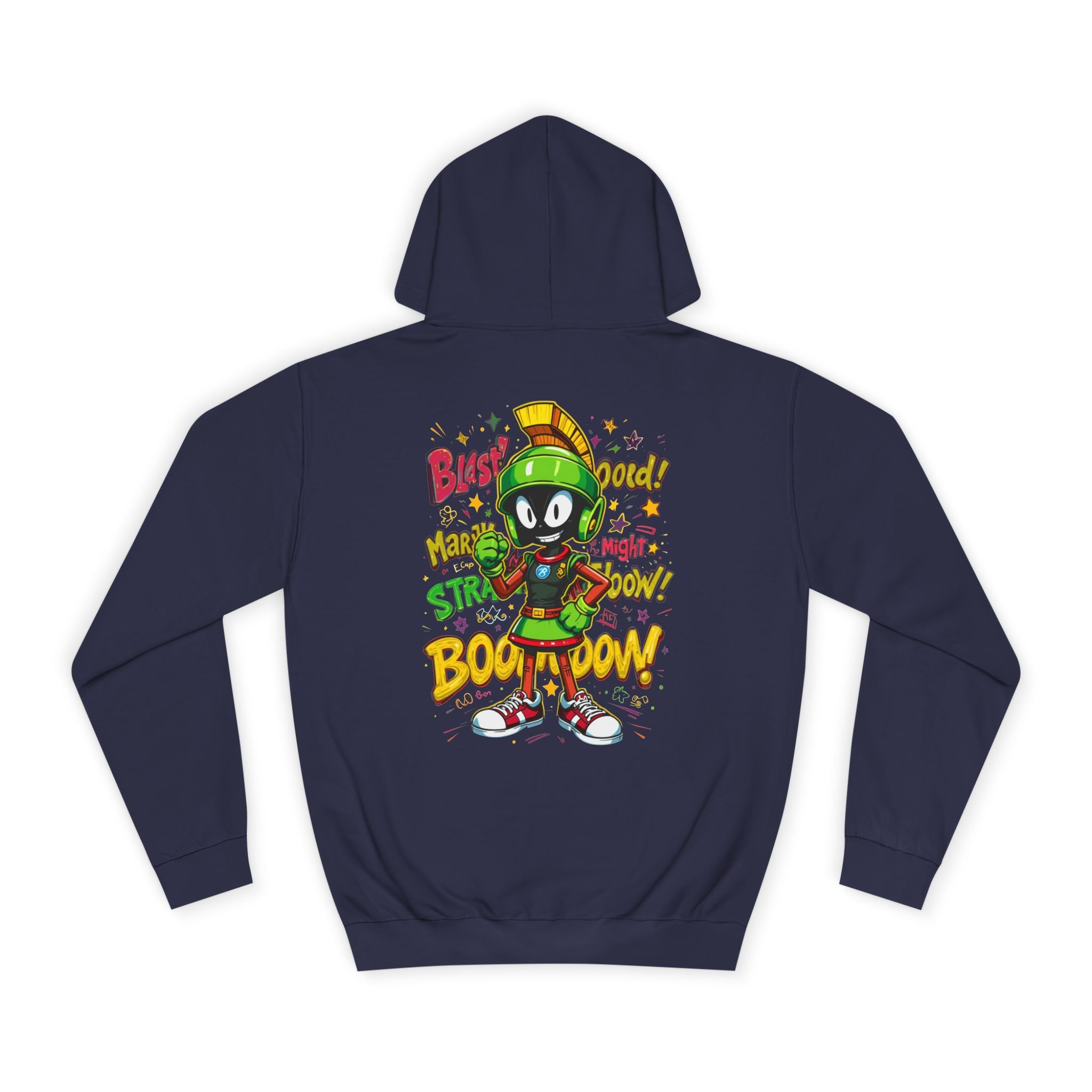 Oxford Navy hoodie with colorful graphic design on the back, featuring a character and text.