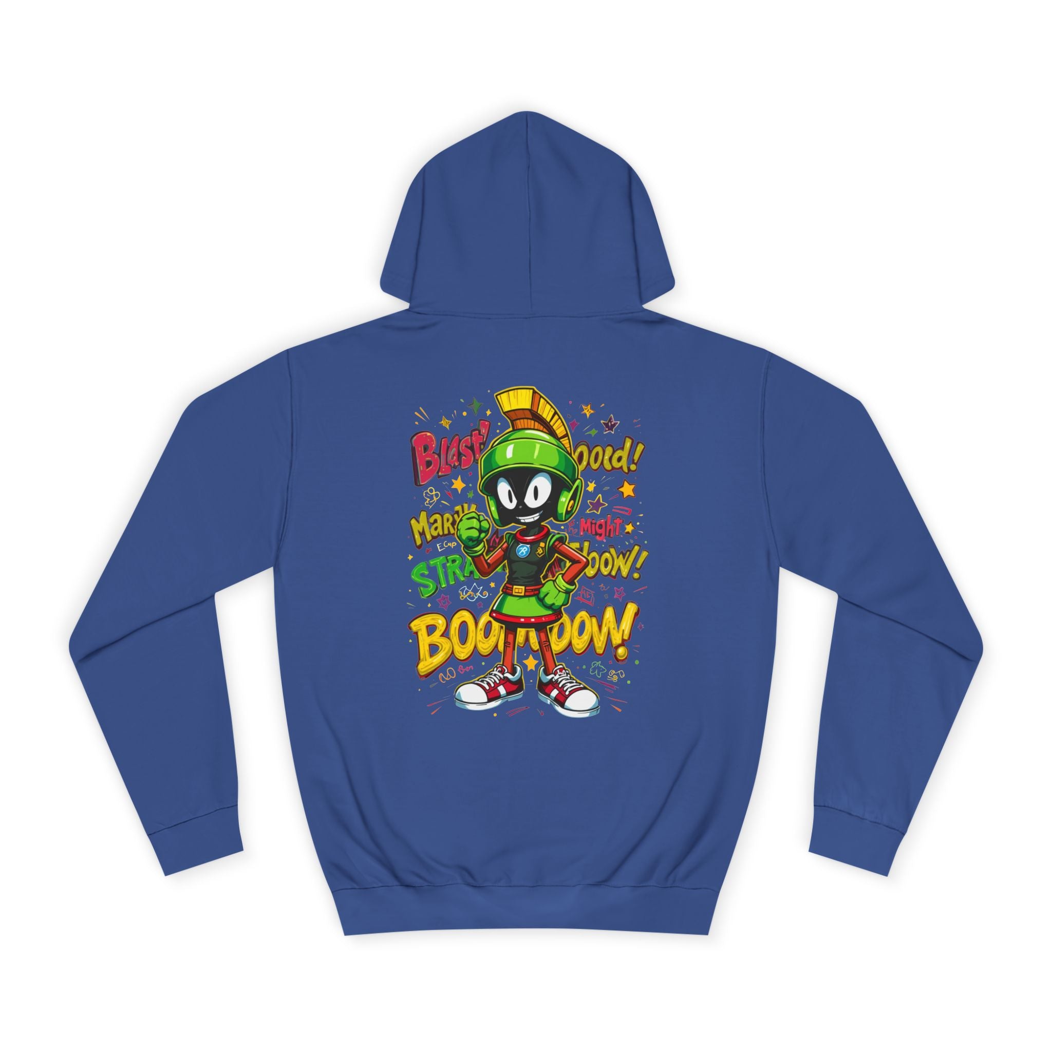 Royal Blue hoodie with cartoon character design on the back against a white background