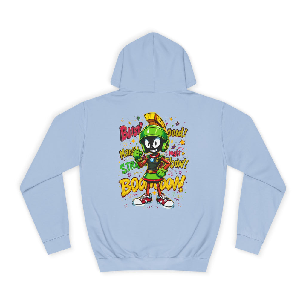 Sky blue hoodie with cartoon character and text on a white background