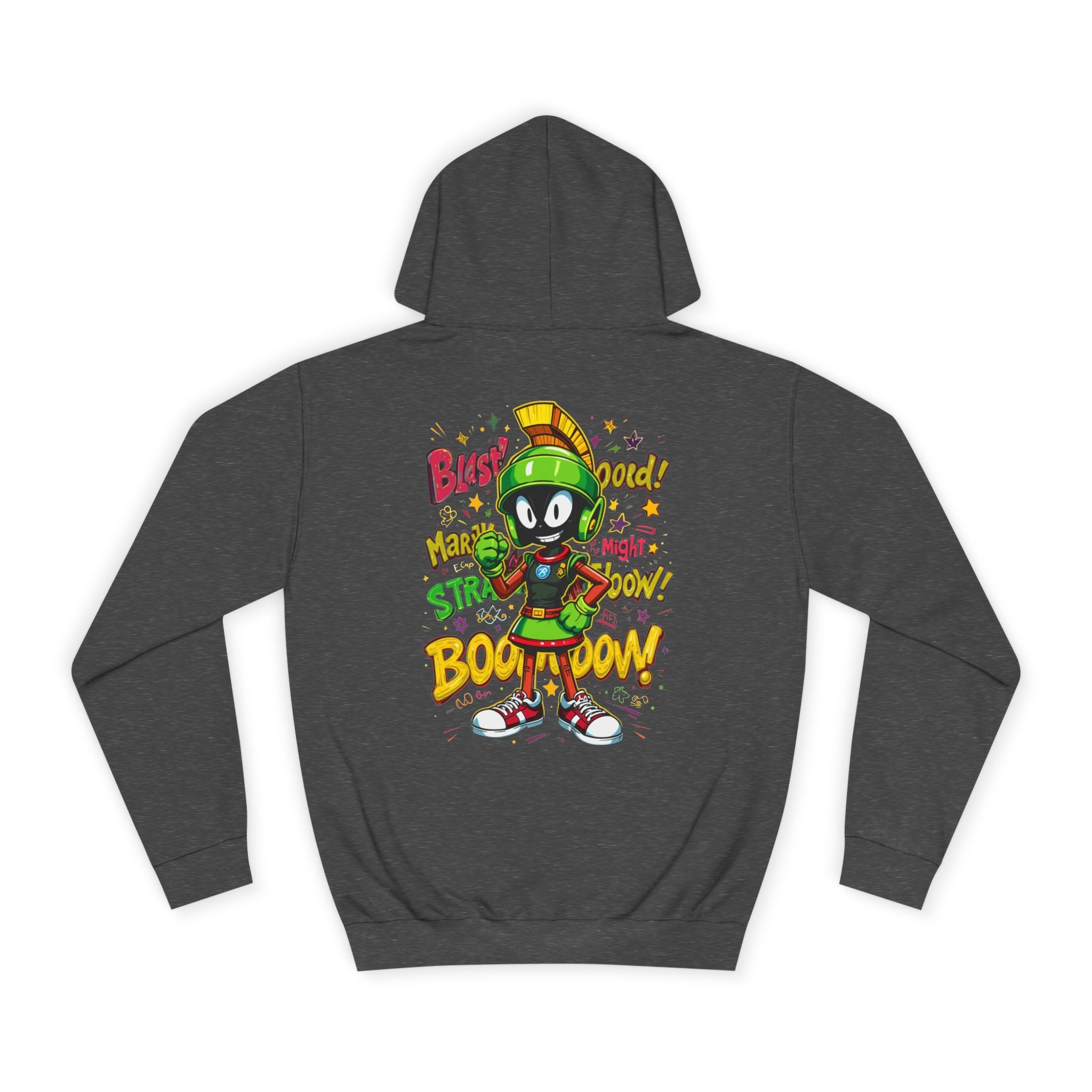 Charcoal hoodie with colorful graphic design on the back featuring a cartoon character and text.