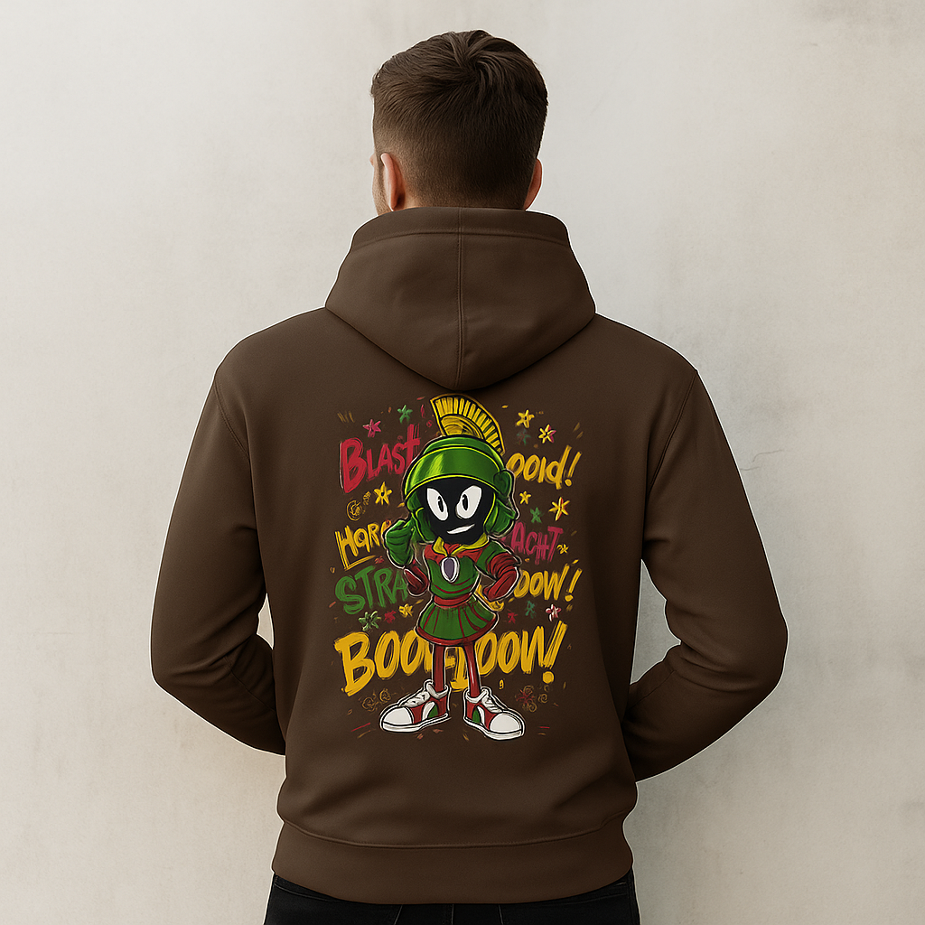 Person wearing a Hot Chocolate hoodie with a cartoon character and text on the back against a plain background