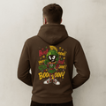 Person wearing a Hot Chocolate hoodie with a cartoon character and text on the back against a plain background