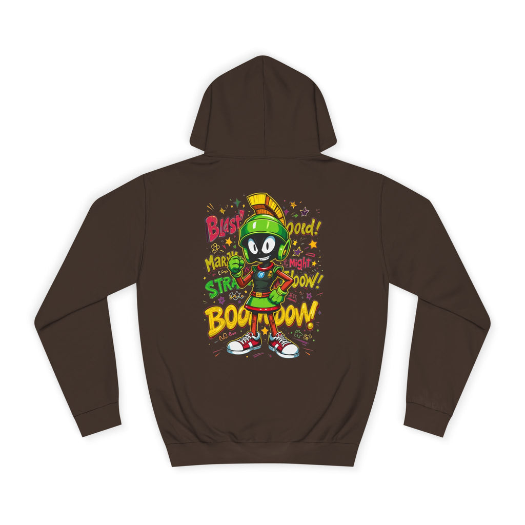 Hot chocolate hoodie with colorful graphic design on the back, featuring a character and text.