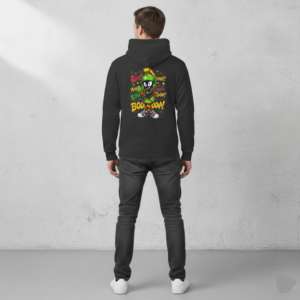 Person wearing a Jet black hoodie with colorful graphics on the back against a gray background