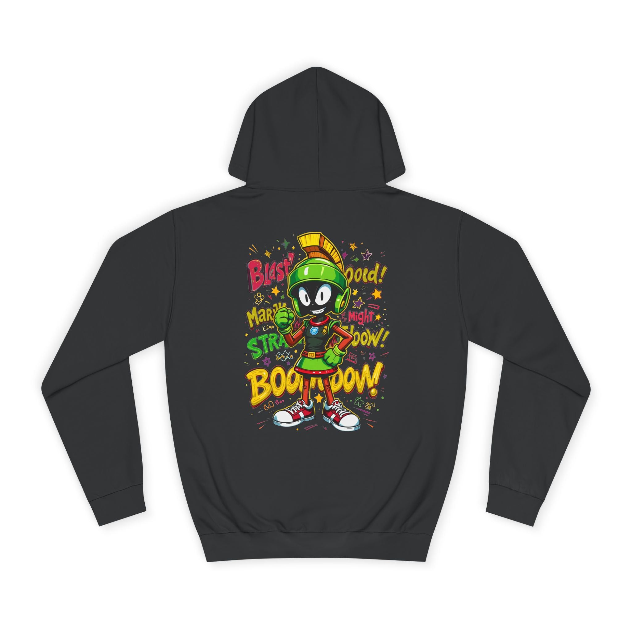 Jet Black hoodie with colorful graphic design on the back featuring a character and text.