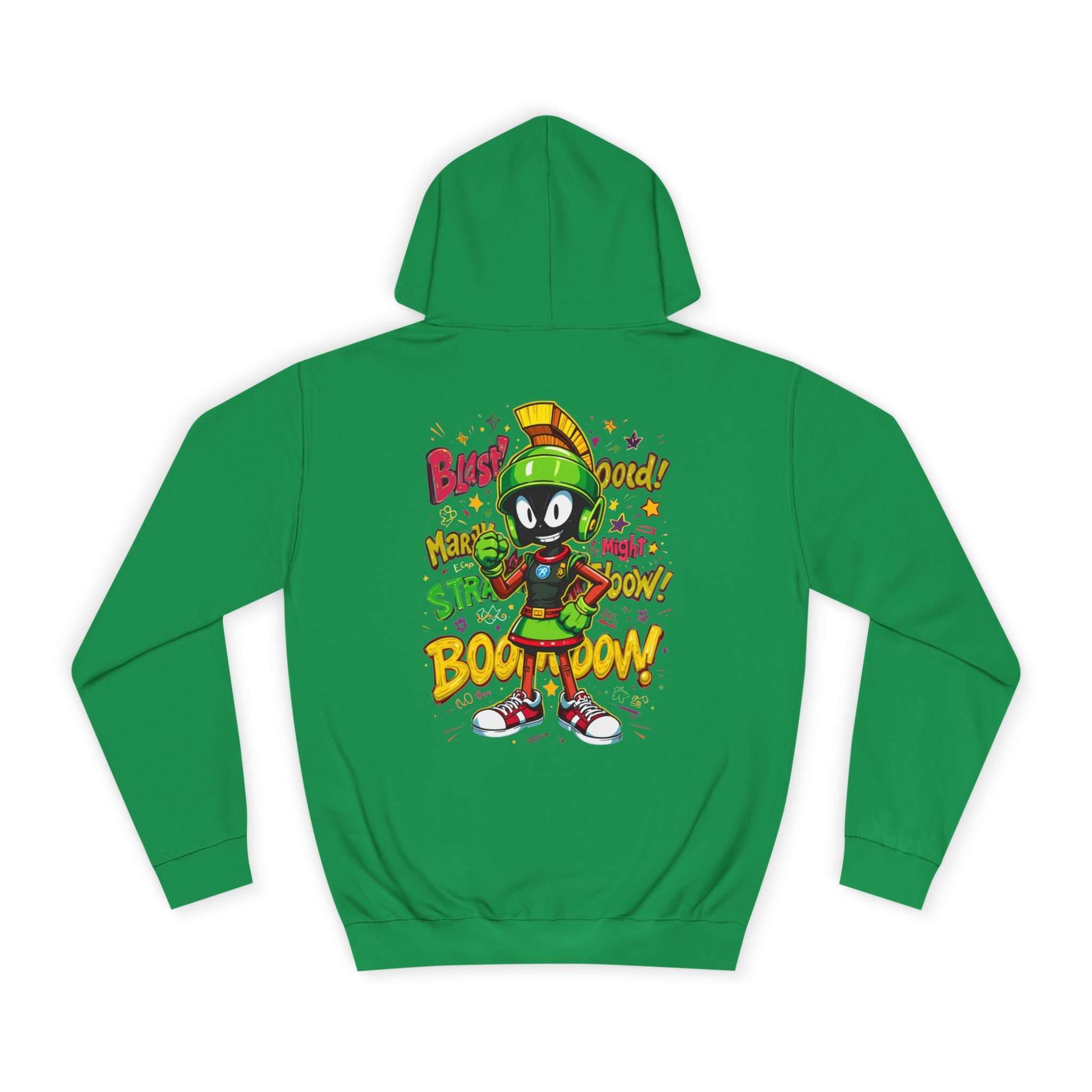 Kelly Green hoodie with cartoon character and text on the back