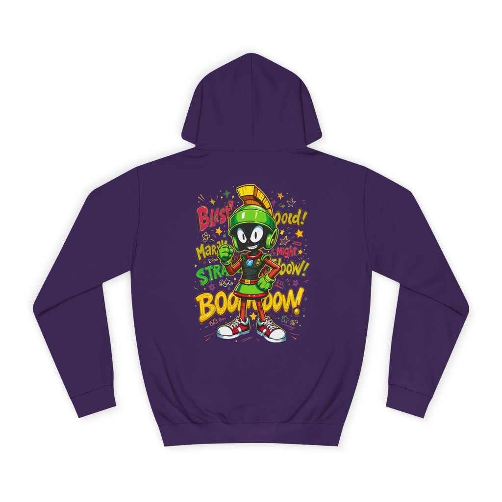 Purple hoodie with a colorful graphic on the back featuring a character and text.