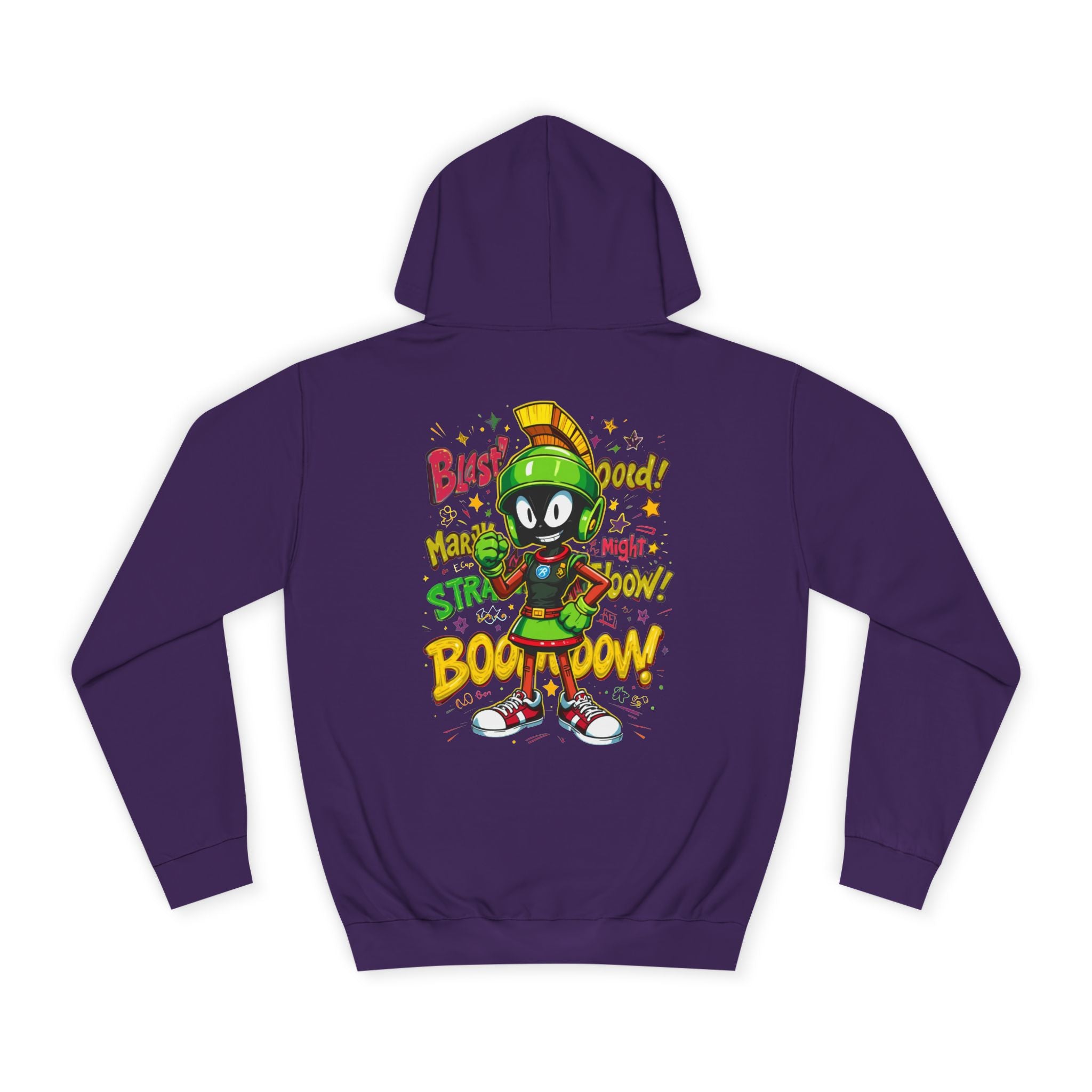 Purple hoodie with a colorful graphic on the back featuring a character and text.
