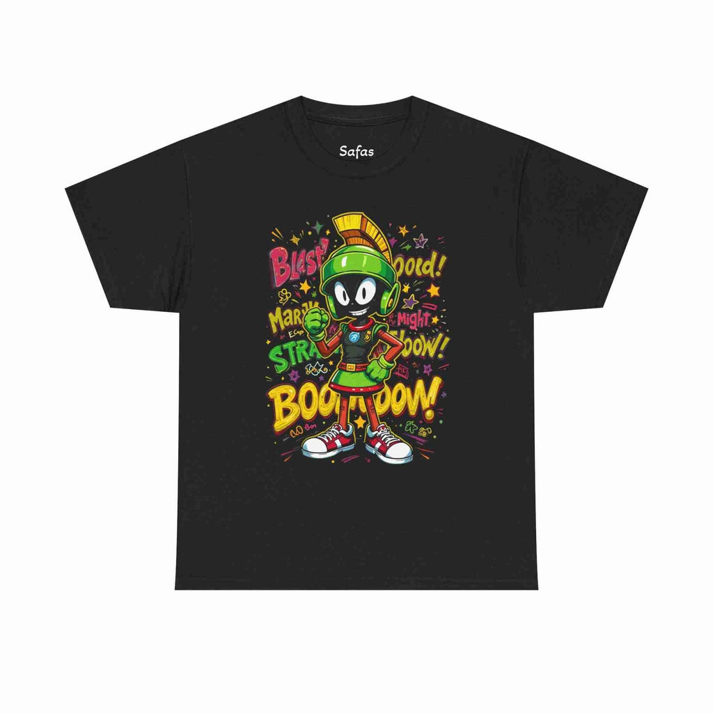 Black t-shirt with colorful cartoon character and text on a white background