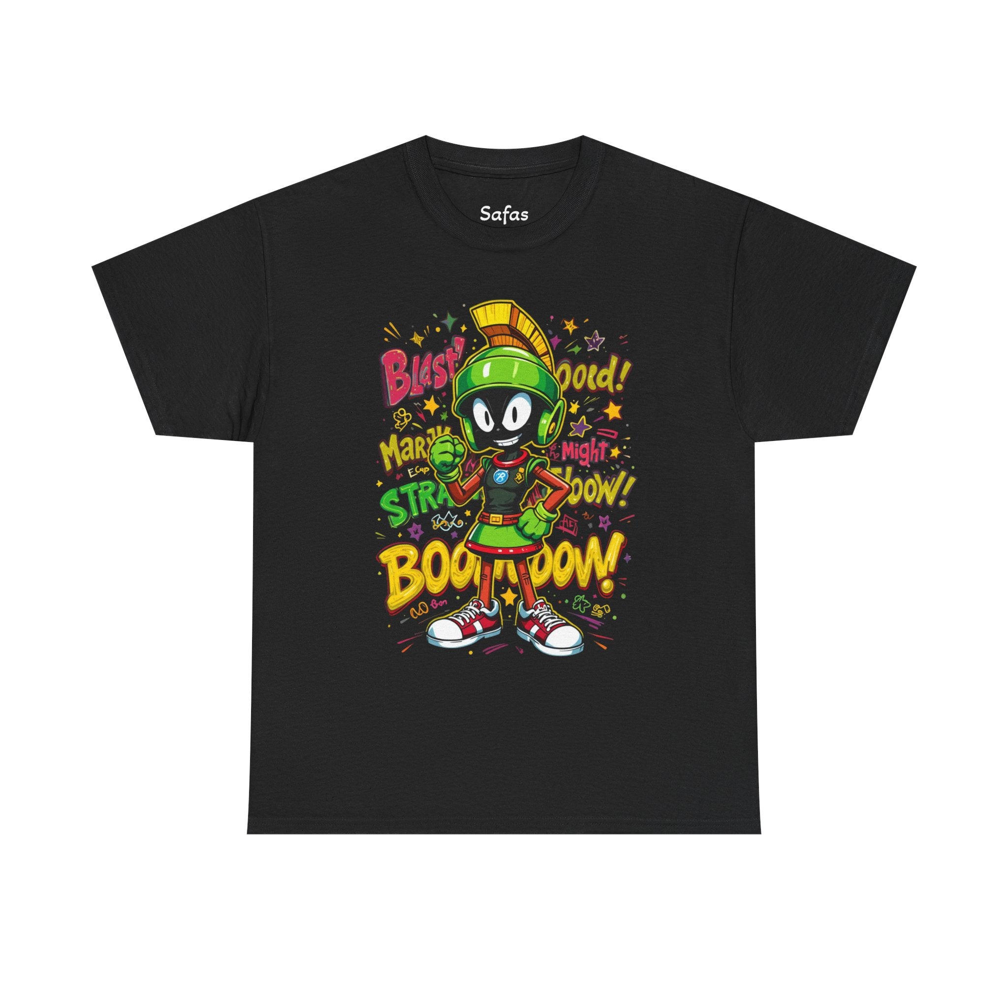 Black t-shirt with colorful cartoon character and text on a white background