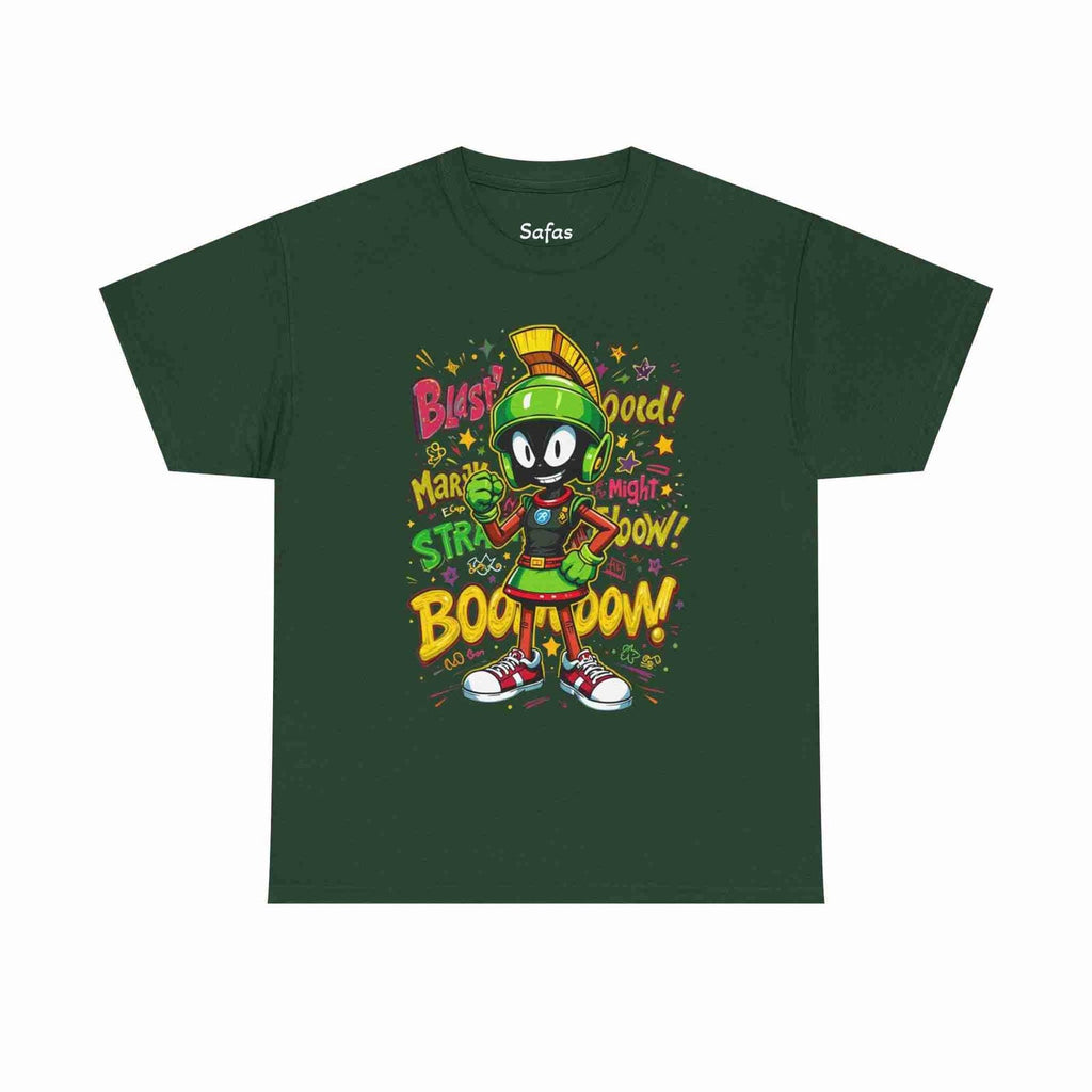 Forest Green t-shirt with cartoon character and colorful text on a white background
