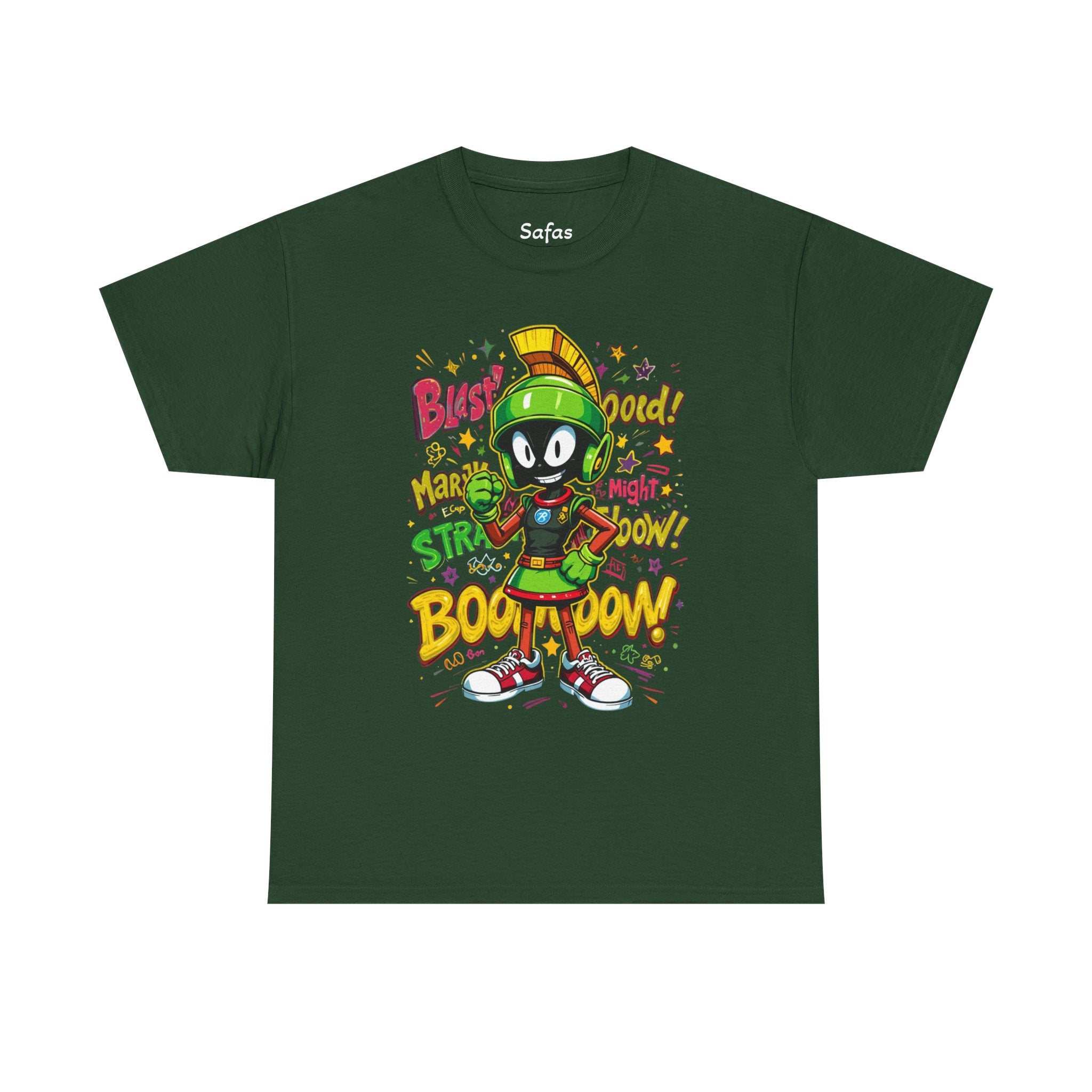Forest Green t-shirt with cartoon character and colorful text on a white background