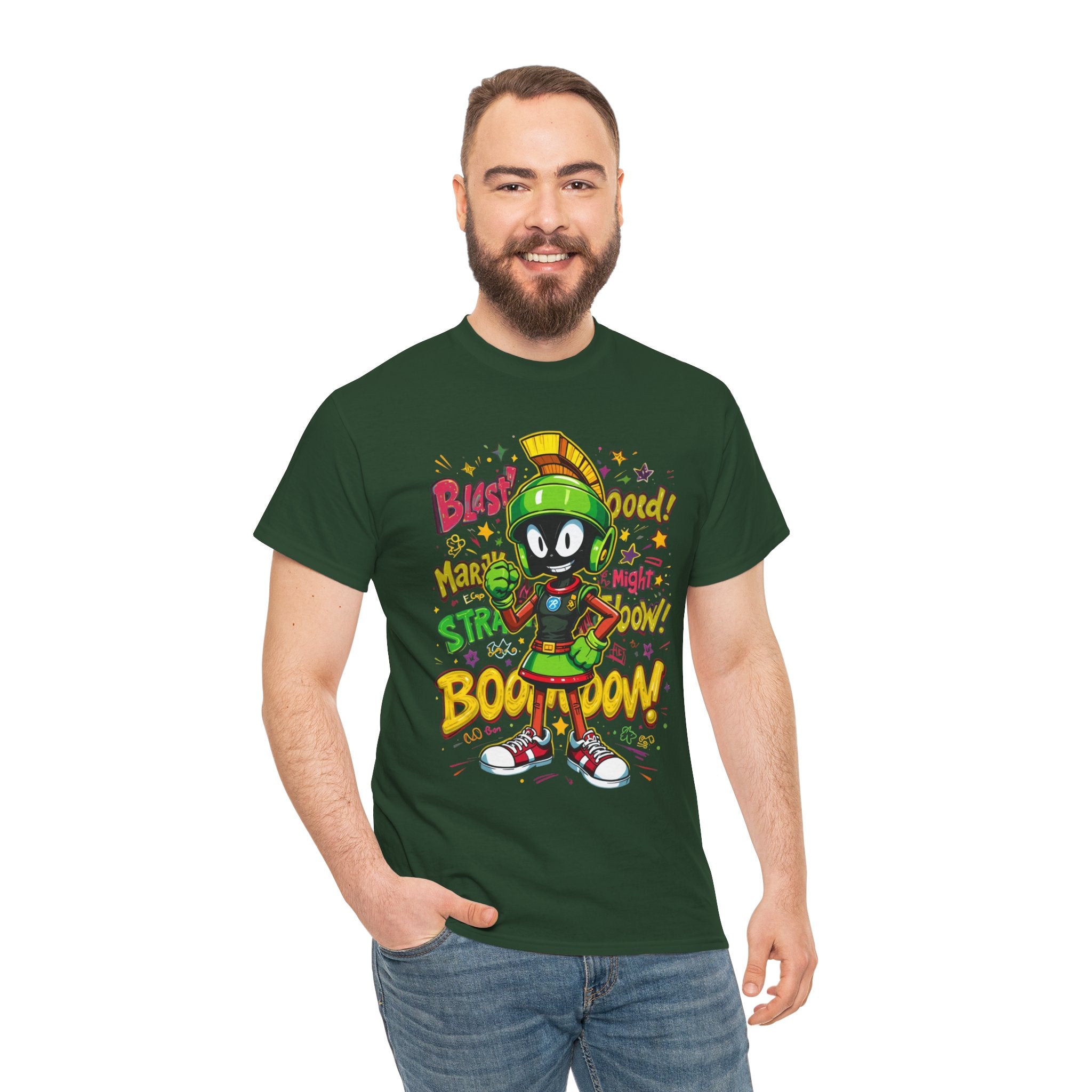 Man wearing a Forest green t-shirt with cartoon character and text on a white background