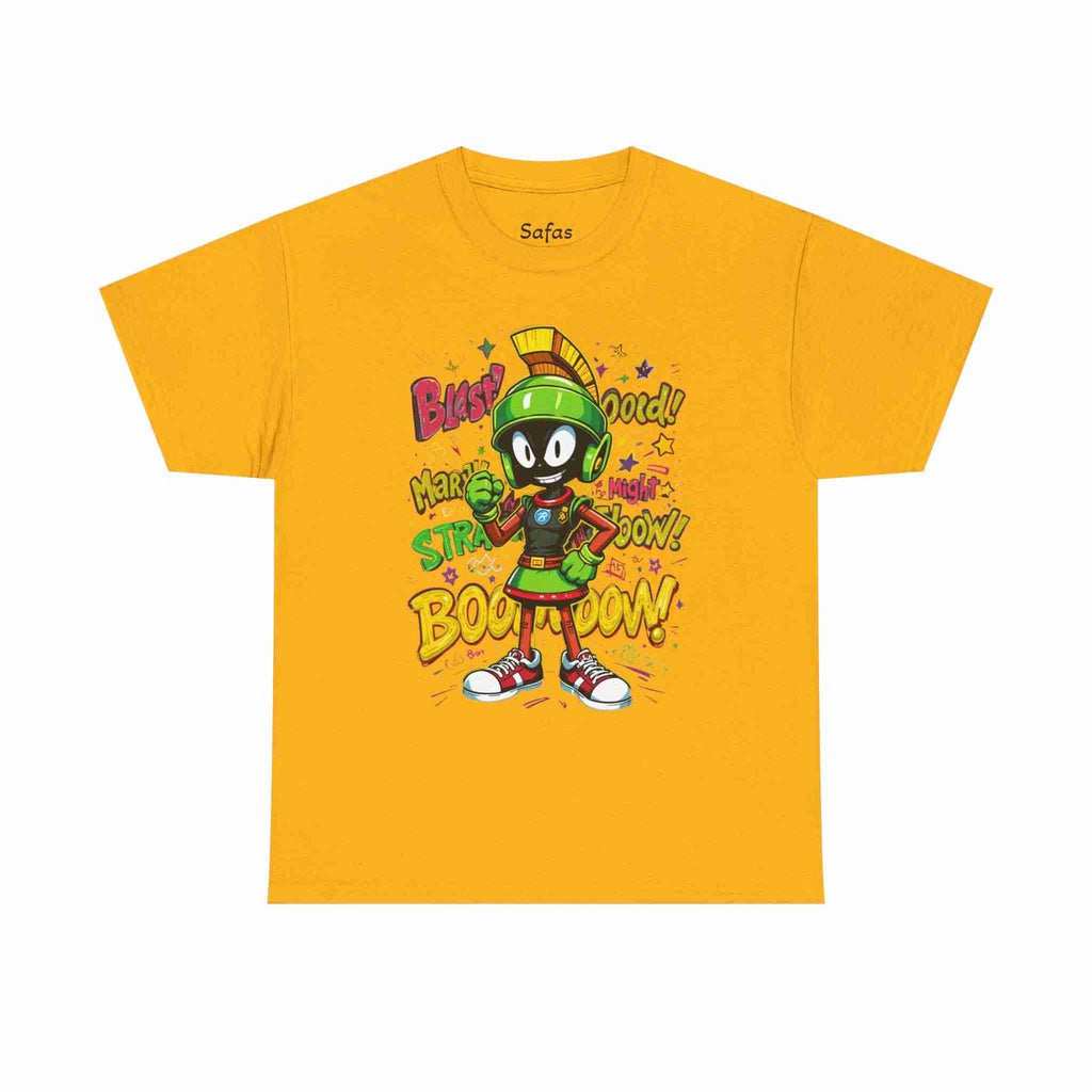 Gold t-shirt with a cartoon character and text on a white background