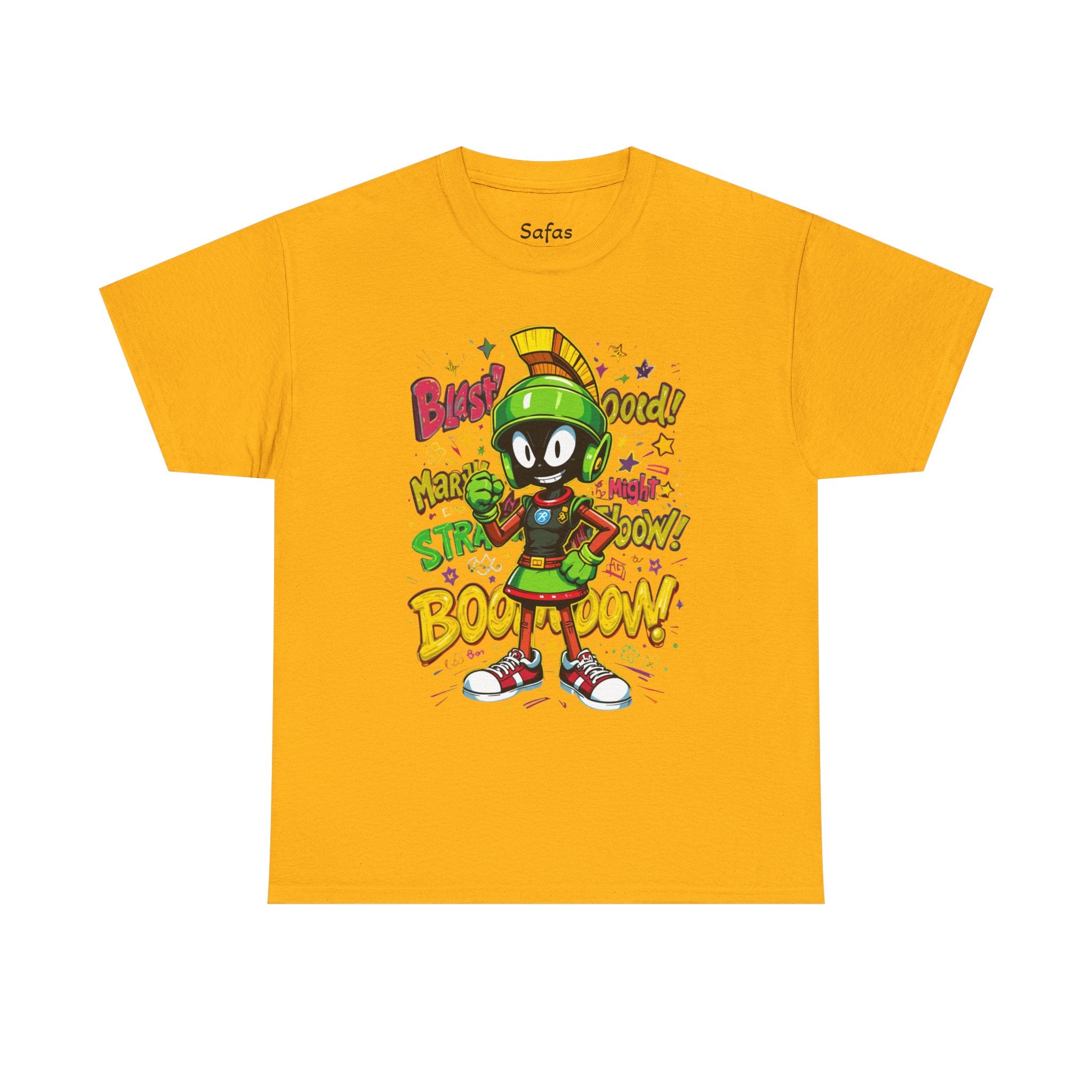 Gold t-shirt with a cartoon character and text on a white background