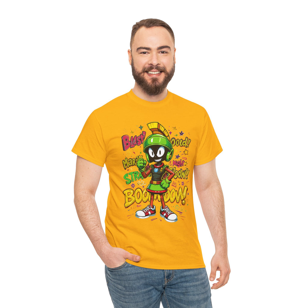 Man wearing a Gold t-shirt with a cartoon character design on a white background
