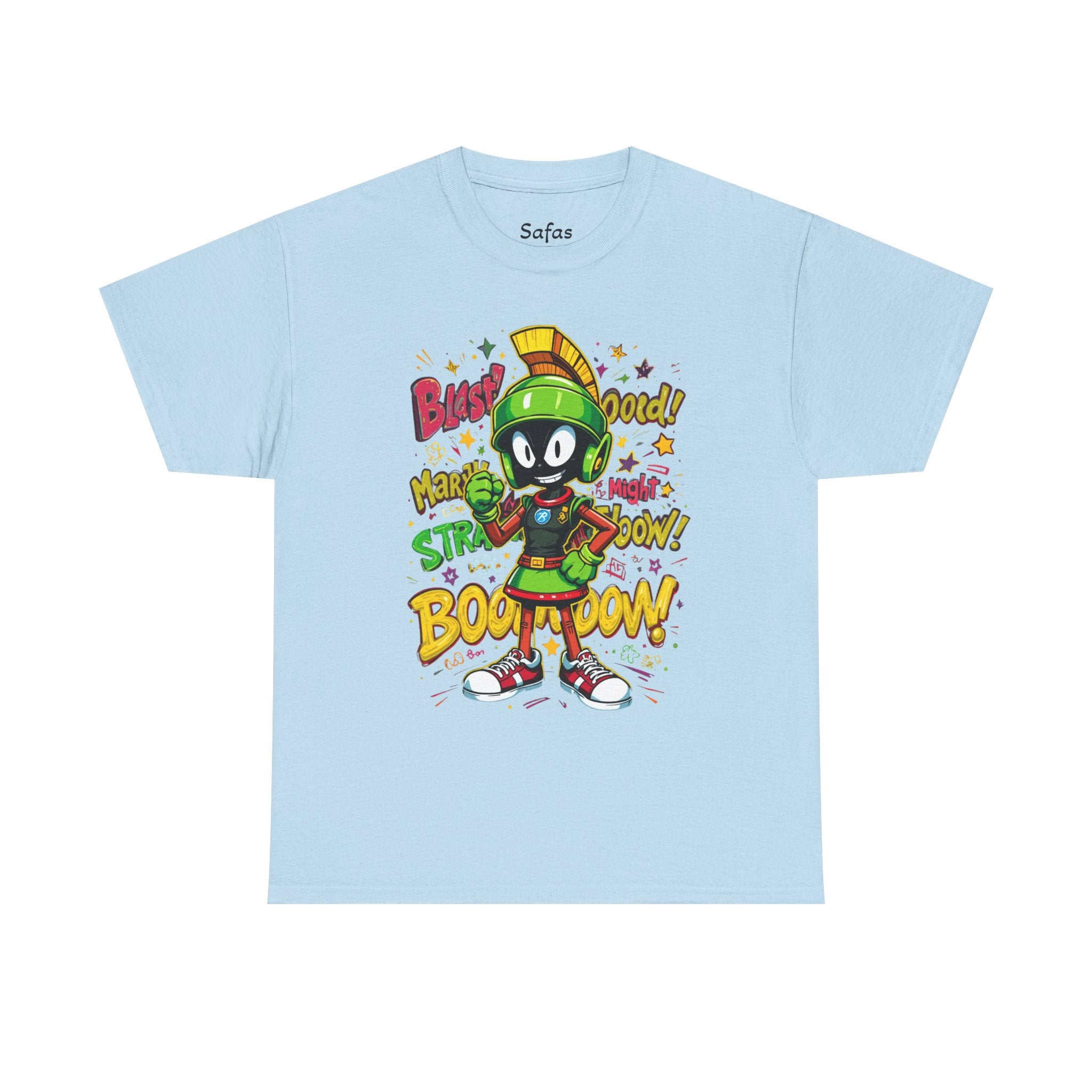 Light blue t-shirt with cartoon character and text on a white background