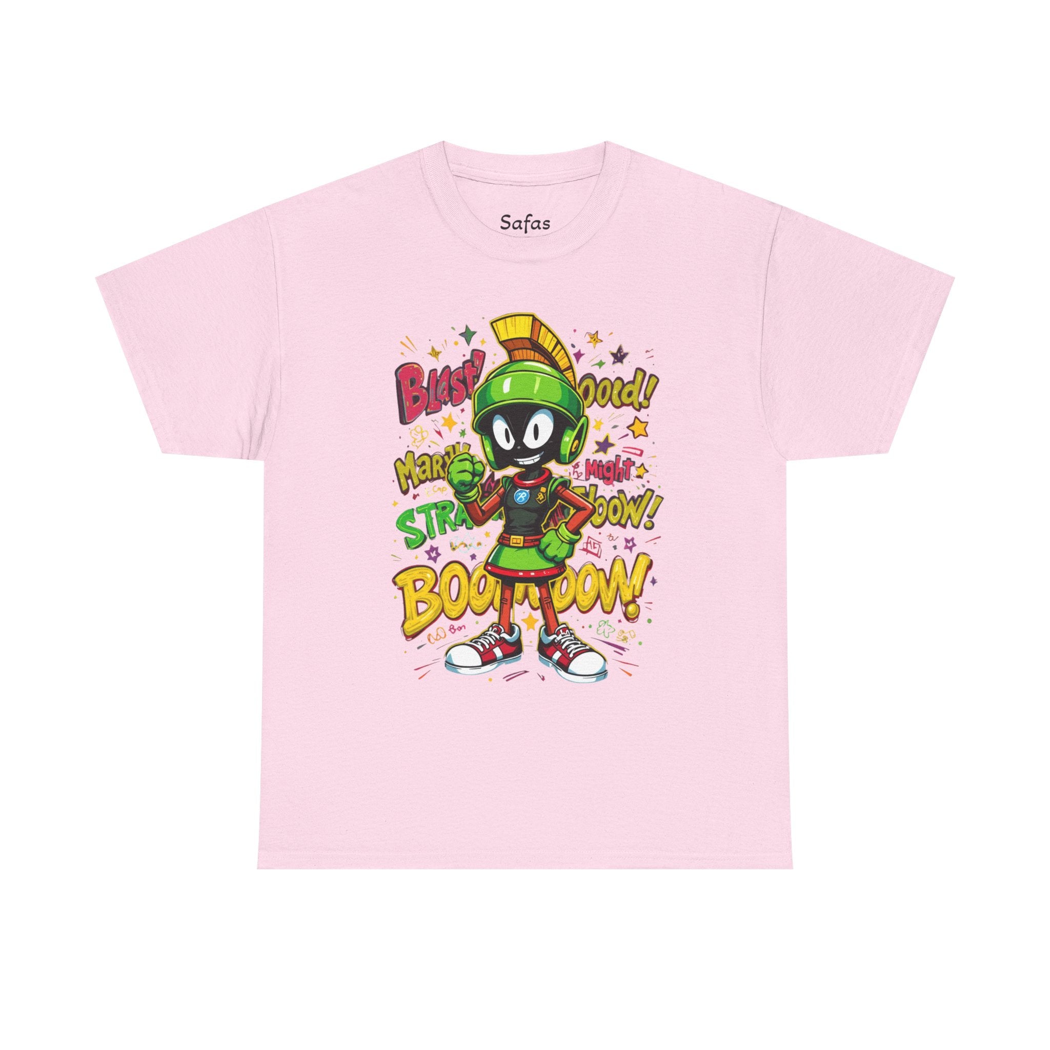 Light Pink t-shirt with cartoon character and text on a white background