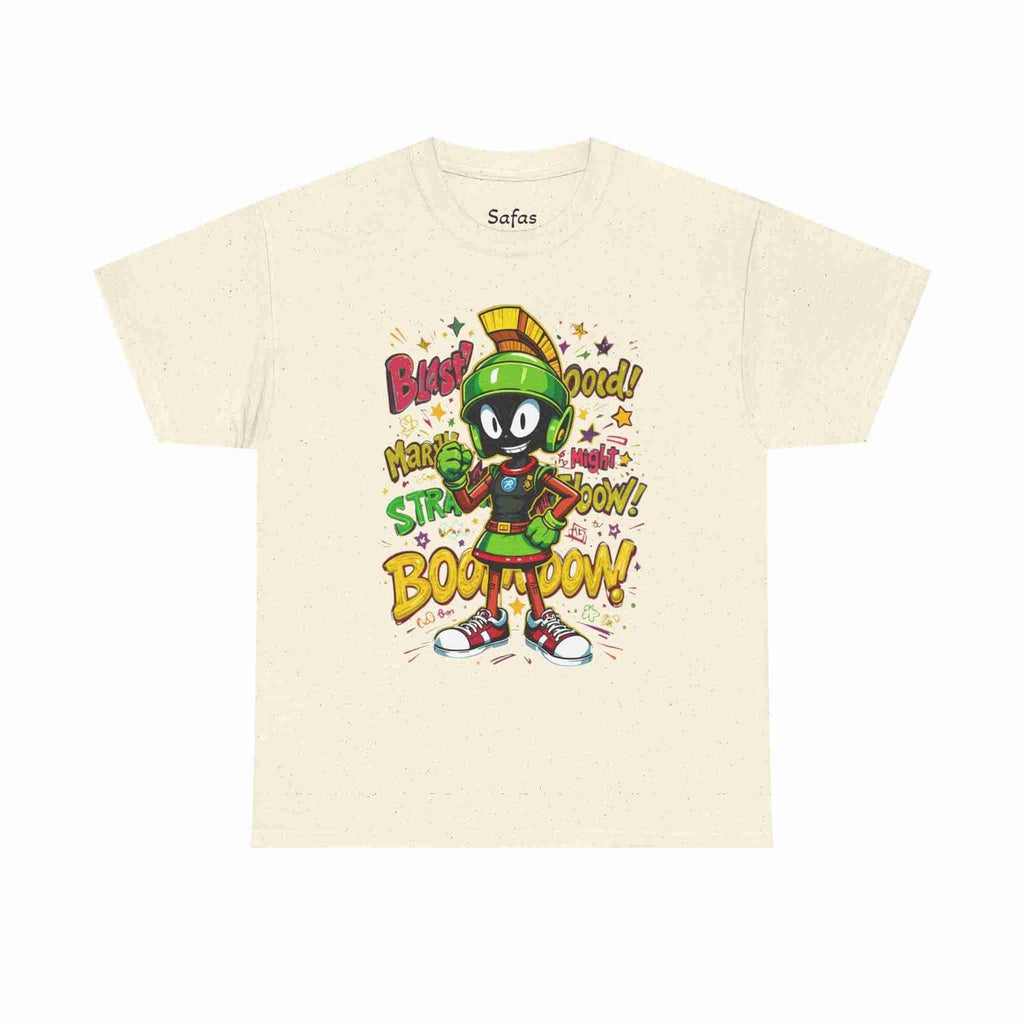 Natural t-shirt with cartoon character and text on a white background