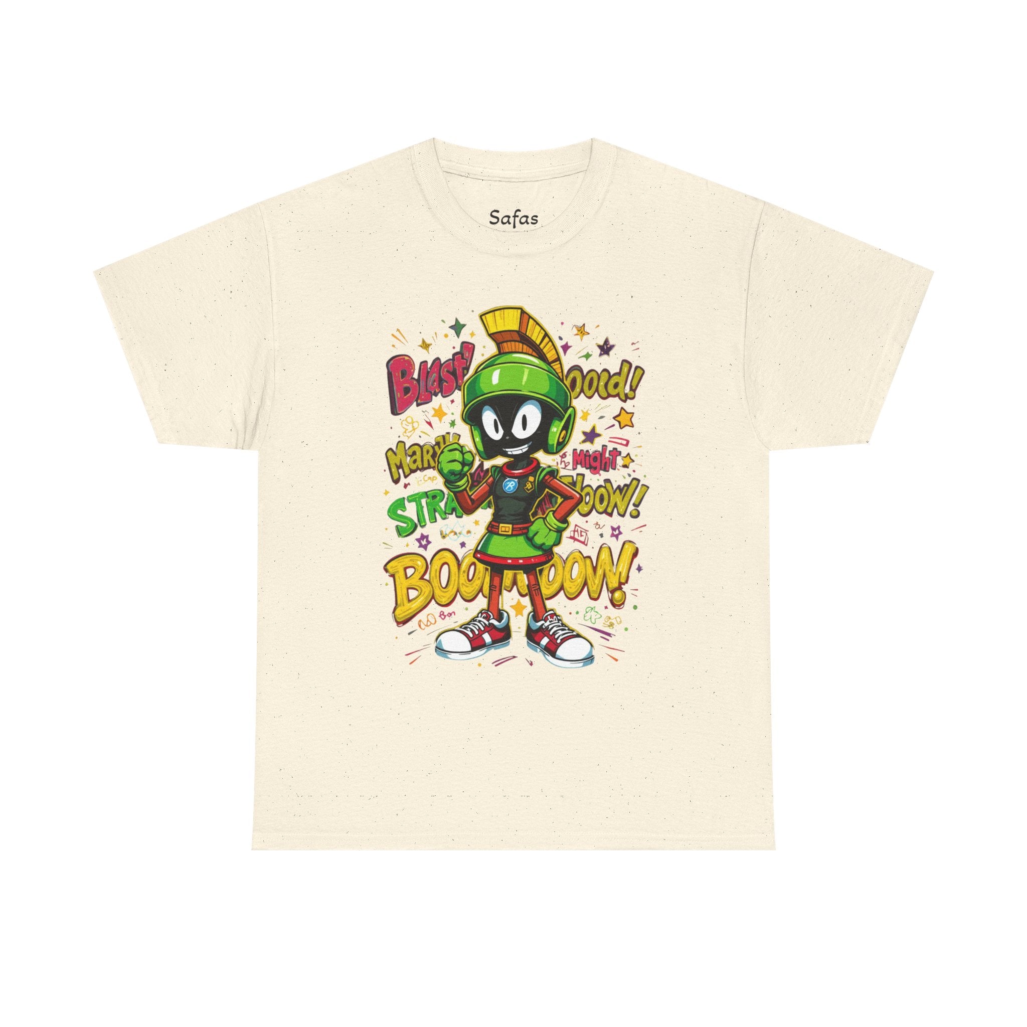 Natural t-shirt with cartoon character and text on a white background
