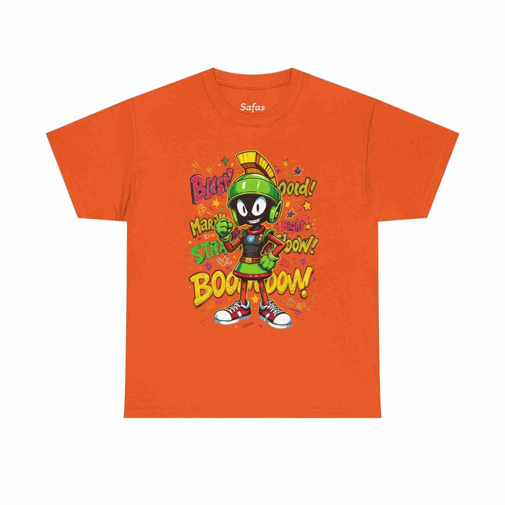 Orange t-shirt with cartoon character and text on a white background