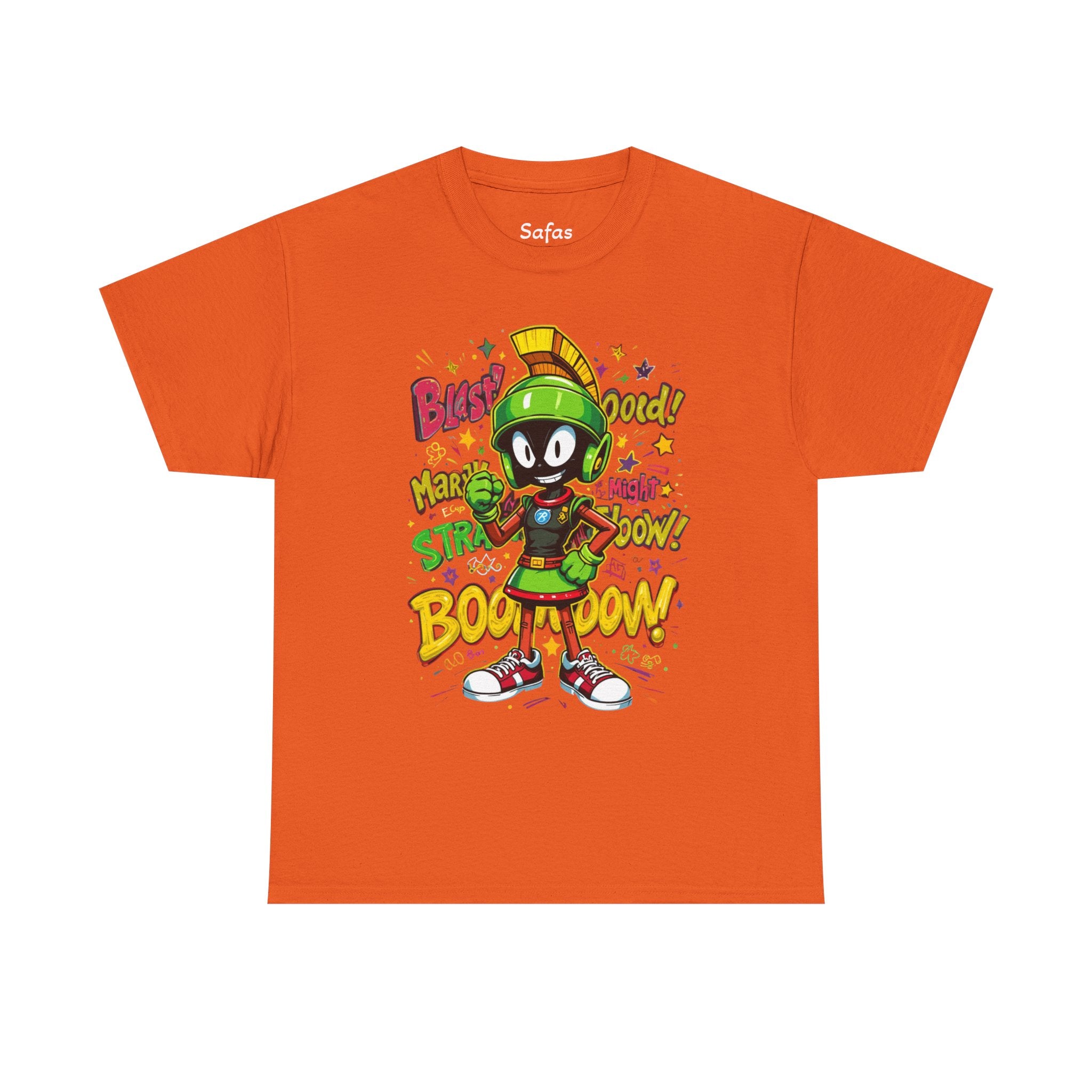 Orange t-shirt with cartoon character and text on a white background
