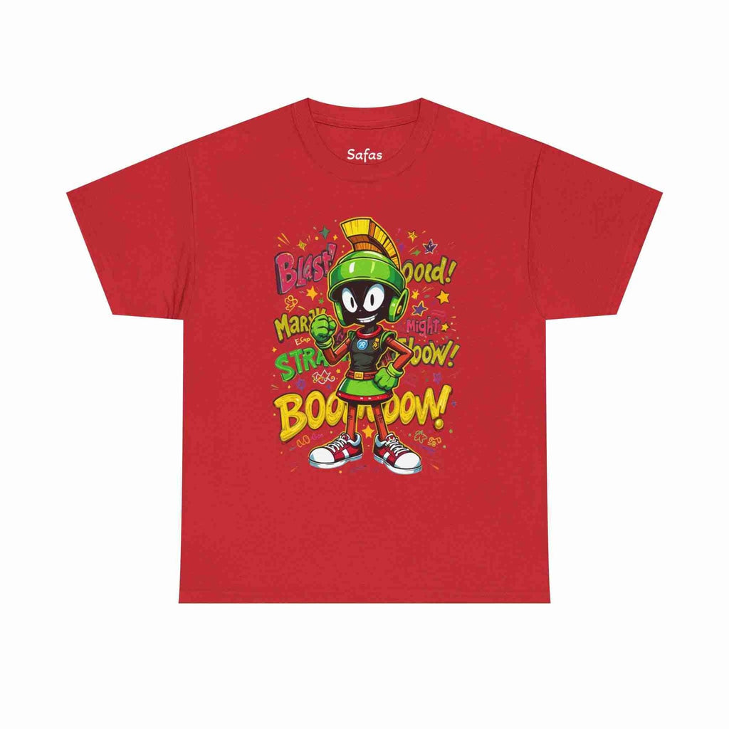Red t-shirt with cartoon character and colorful text on a white background