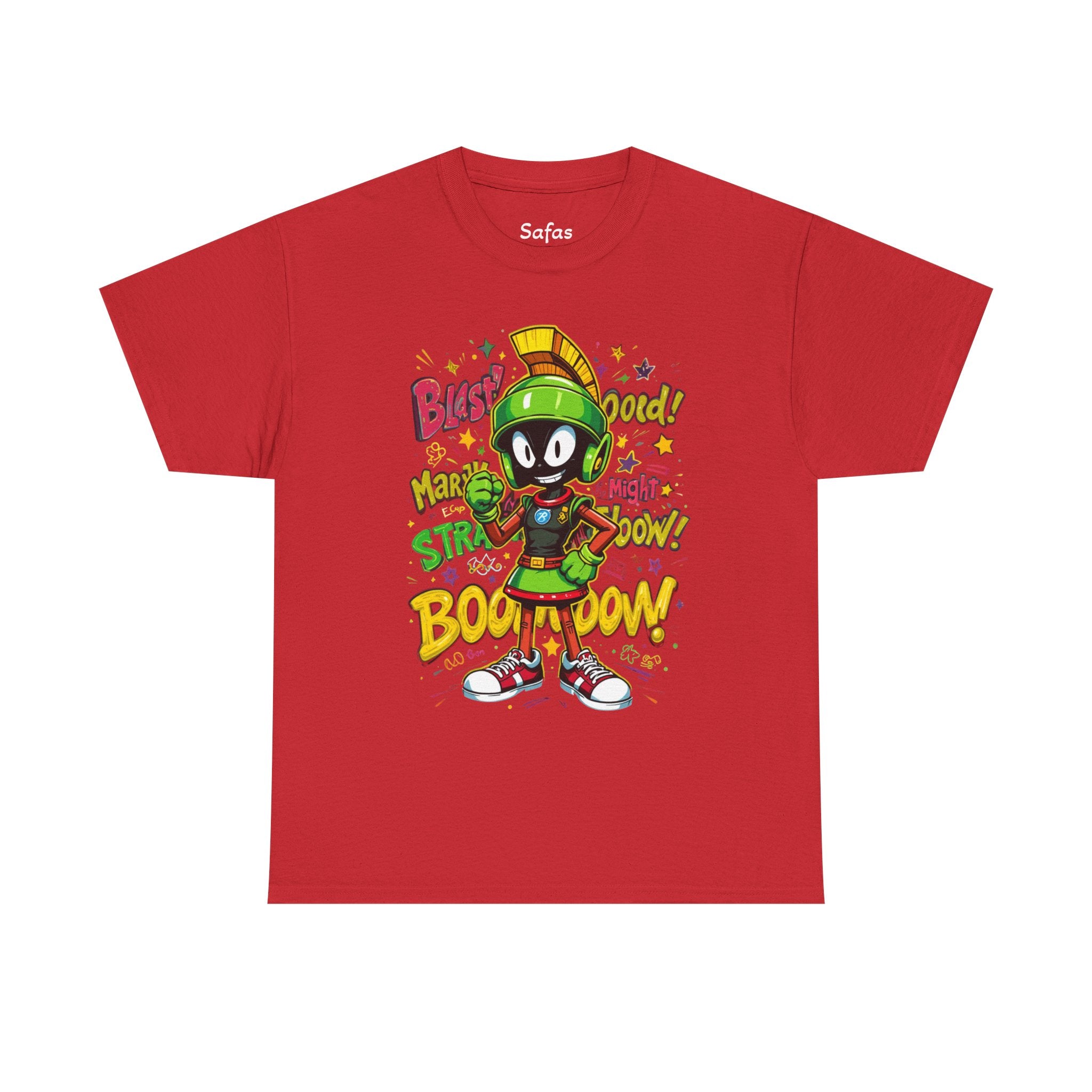 Red t-shirt with cartoon character and colorful text on a white background