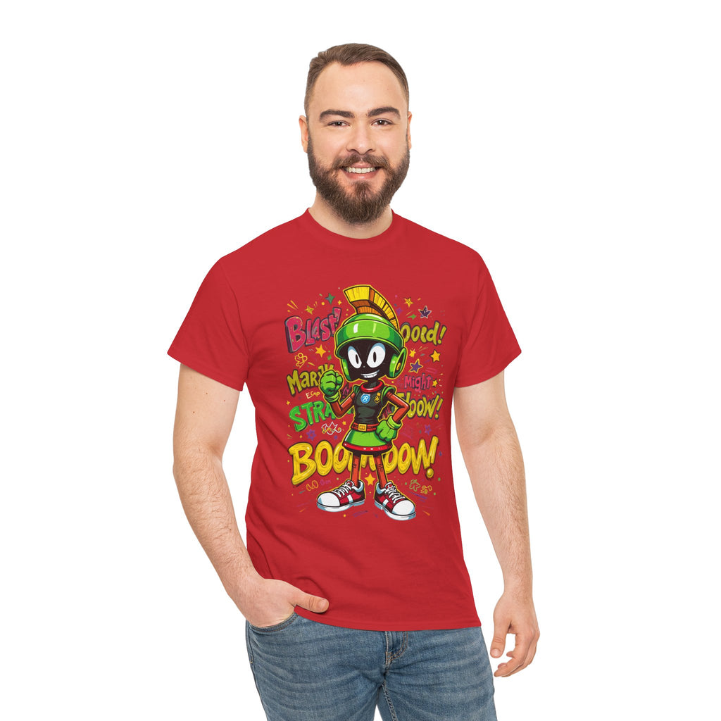 Man wearing a red t-shirt with a cartoon character design on a white background