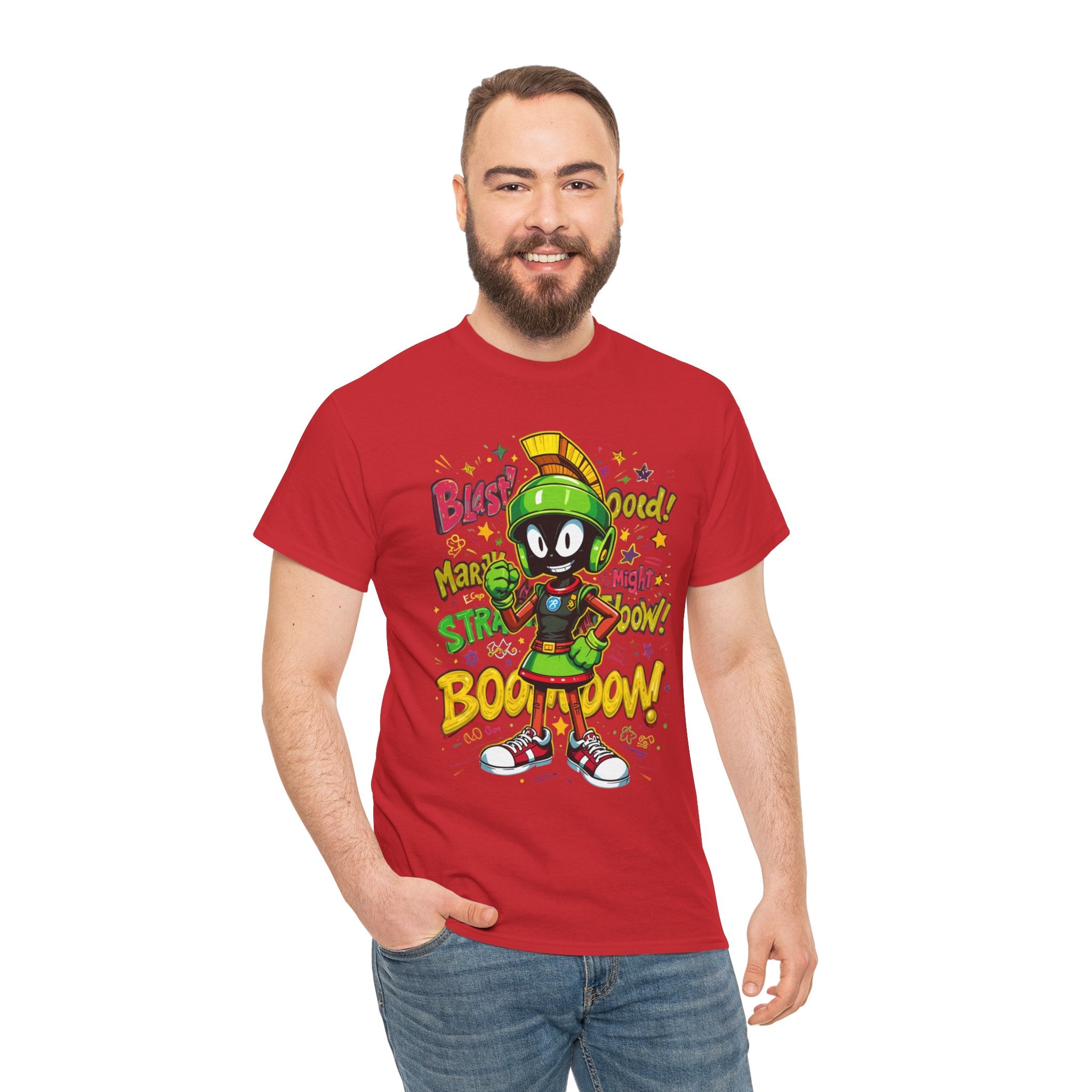 Man wearing a red t-shirt with a cartoon character design on a white background