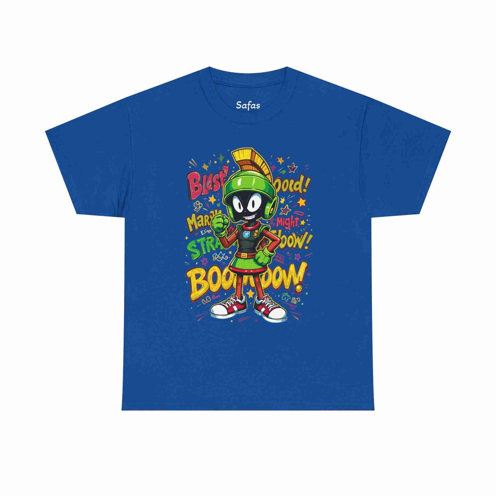 Royal t-shirt with cartoon character and colorful text on a white background