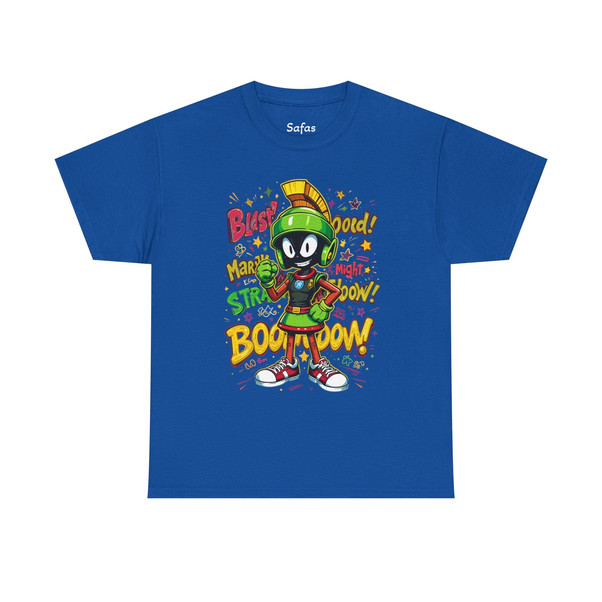 Royal t-shirt with cartoon character and colorful text on a white background