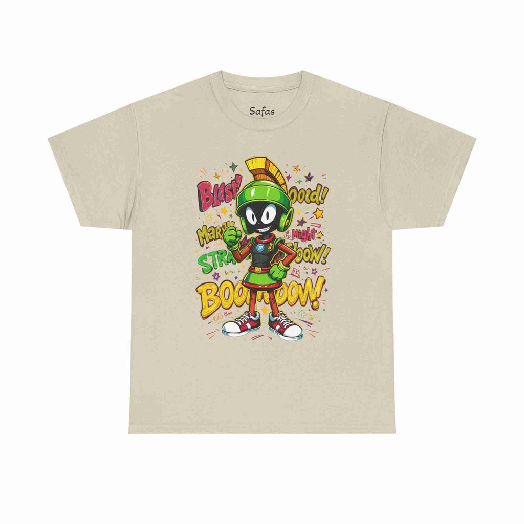 Sand t-shirt with cartoon character and colorful text on a white background