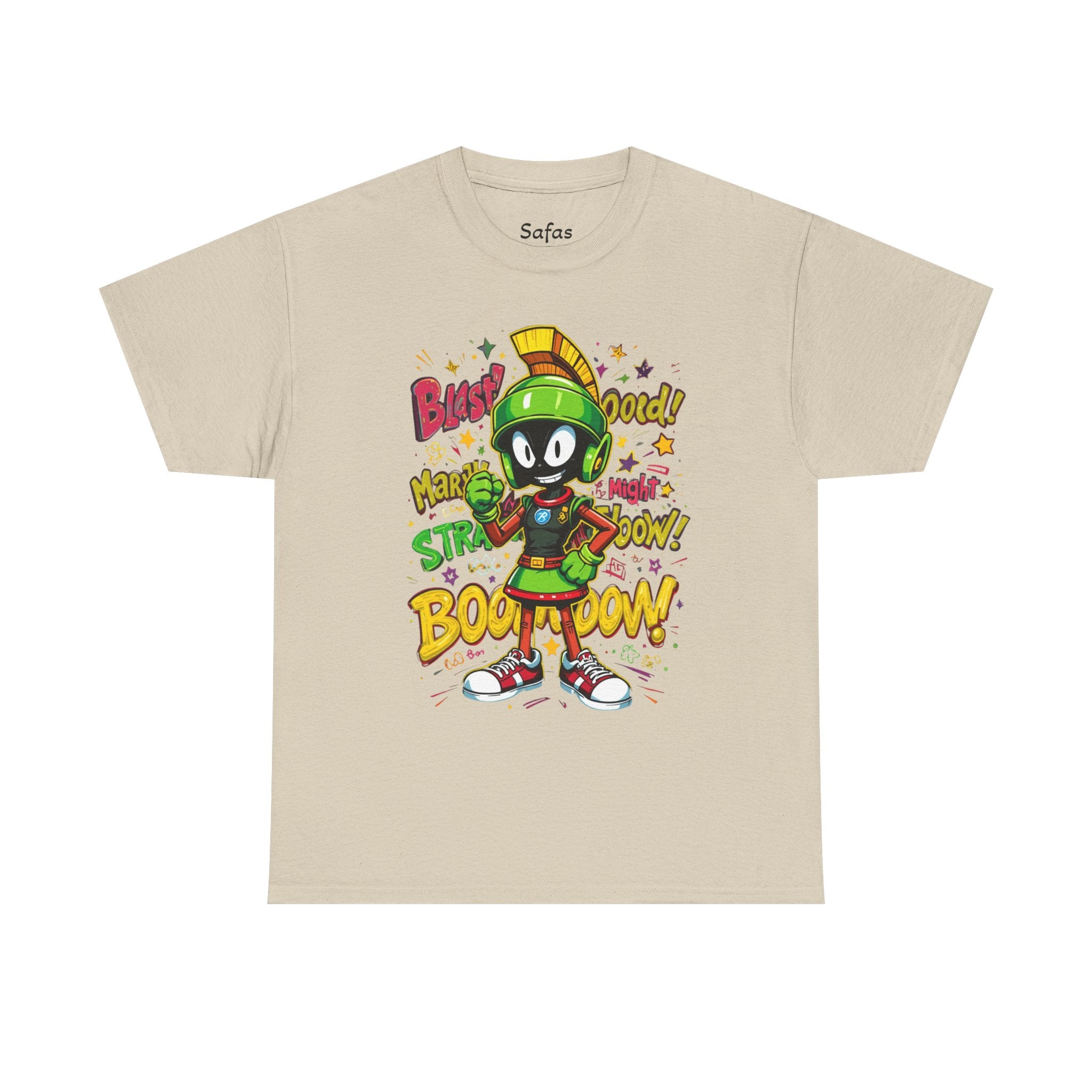 Sand t-shirt with cartoon character and colorful text on a white background